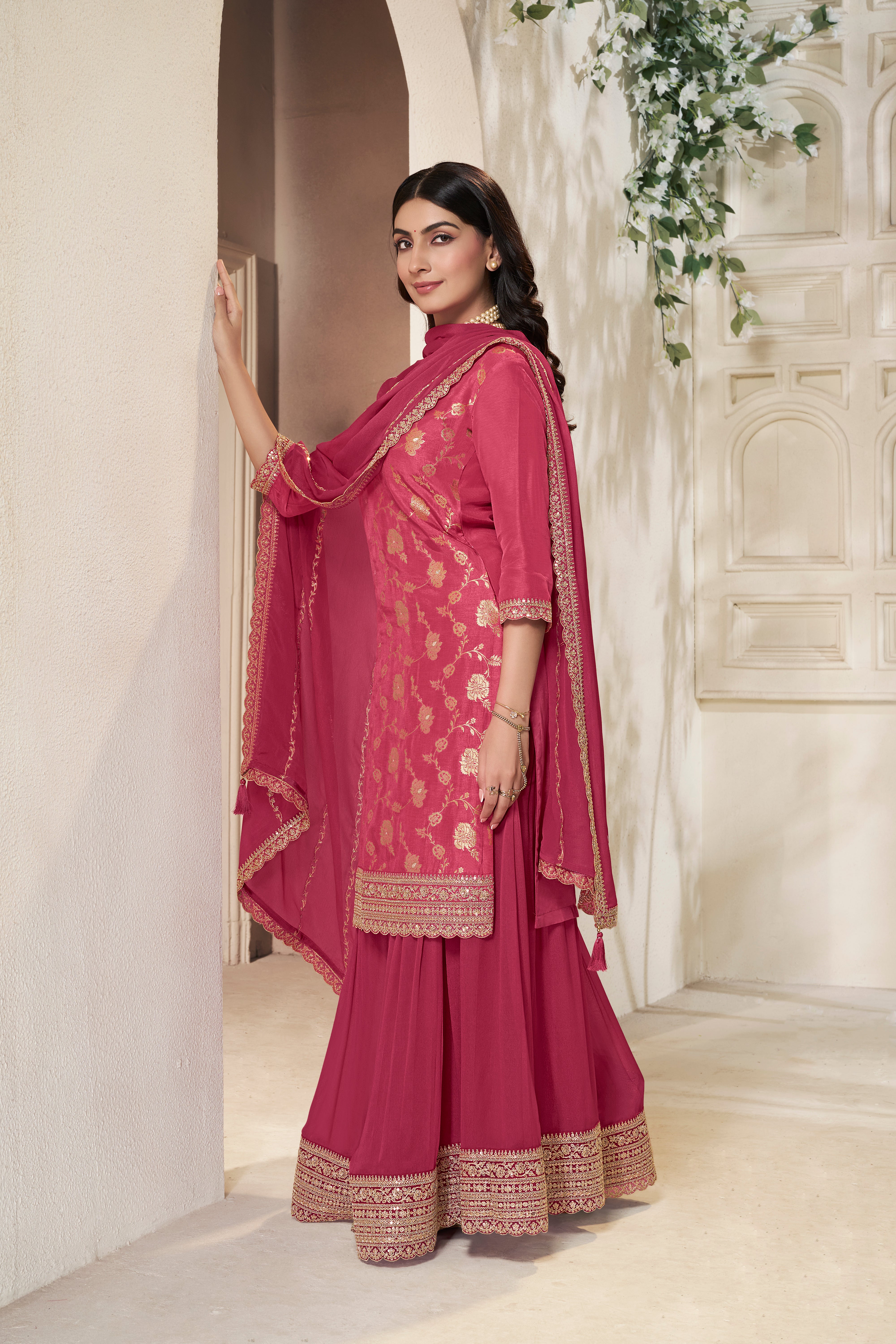 Cerise Pink Embellished Banarasi Silk Palazzo Set