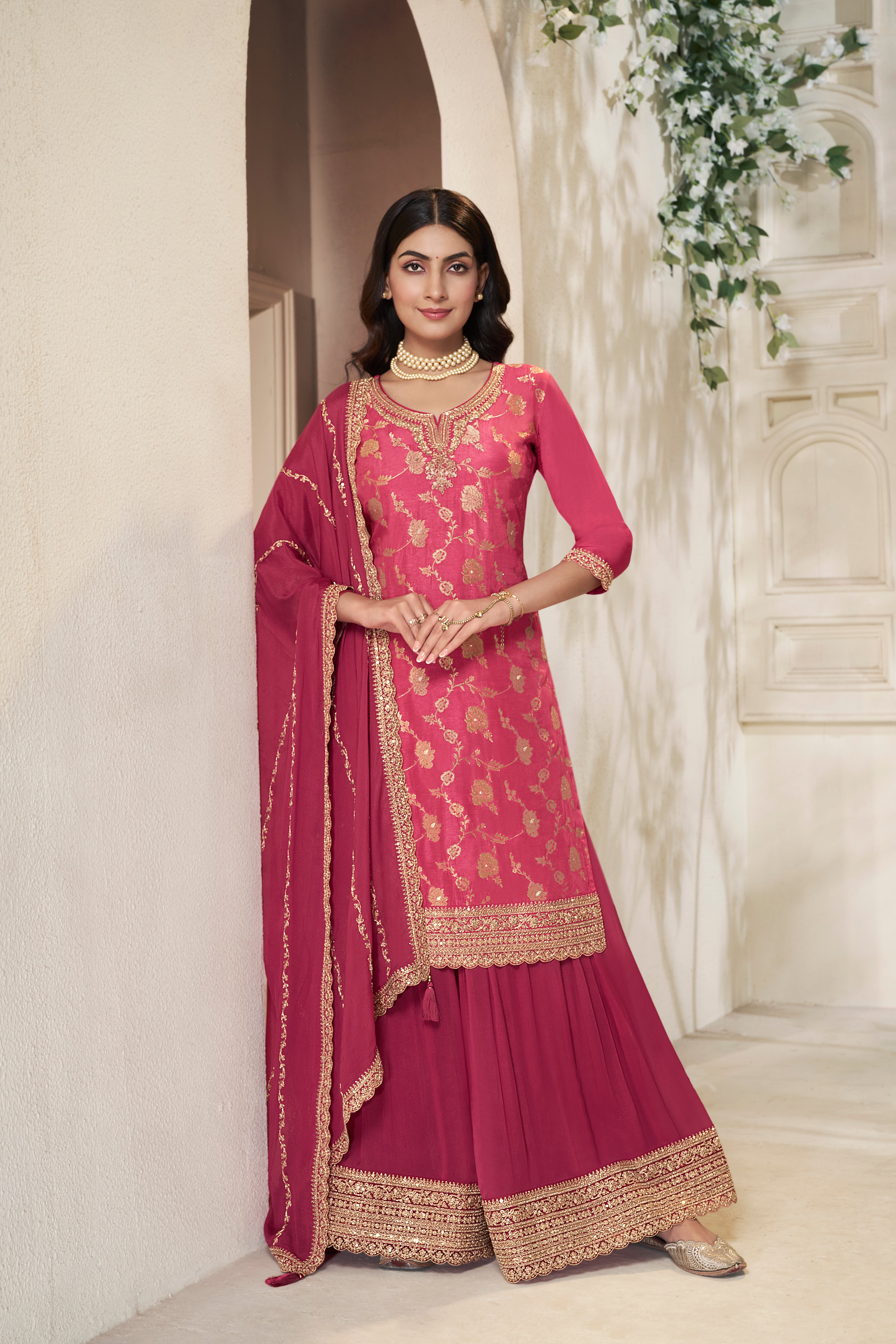 Cerise Pink Embellished Banarasi Silk Palazzo Set