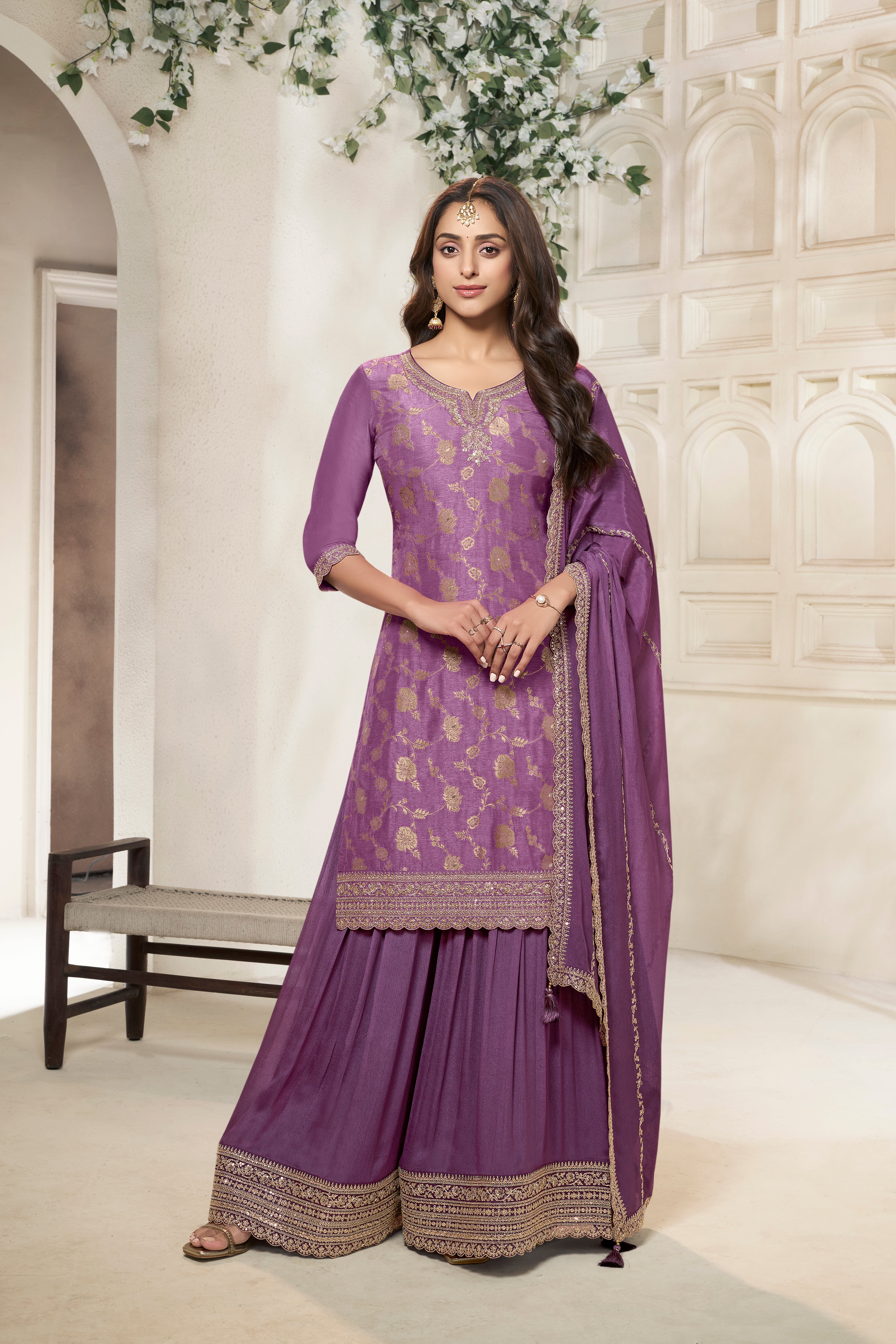 Deep Mauve Embellished Banarasi Silk Palazzo Set