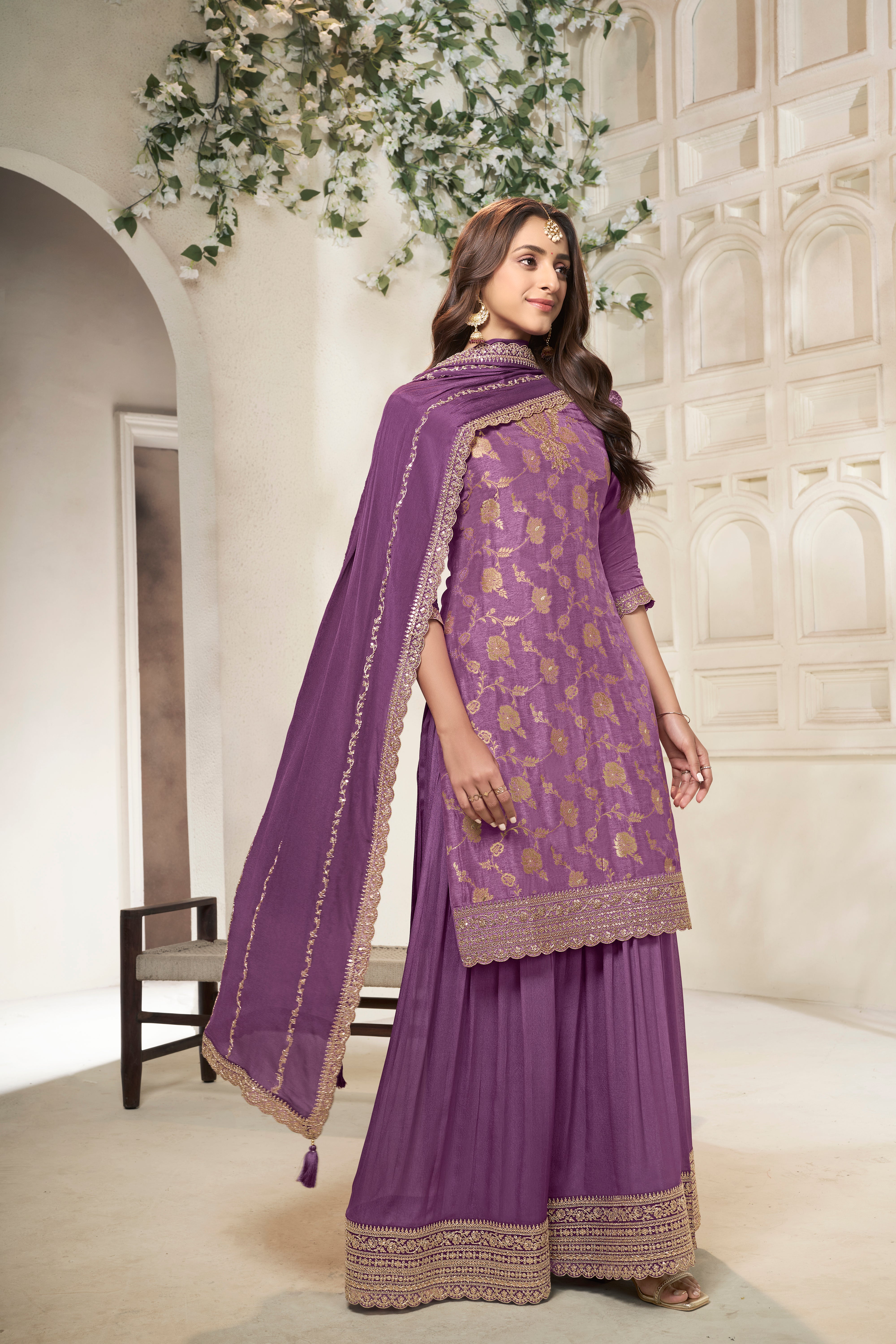 Deep Mauve Embellished Banarasi Silk Palazzo Set