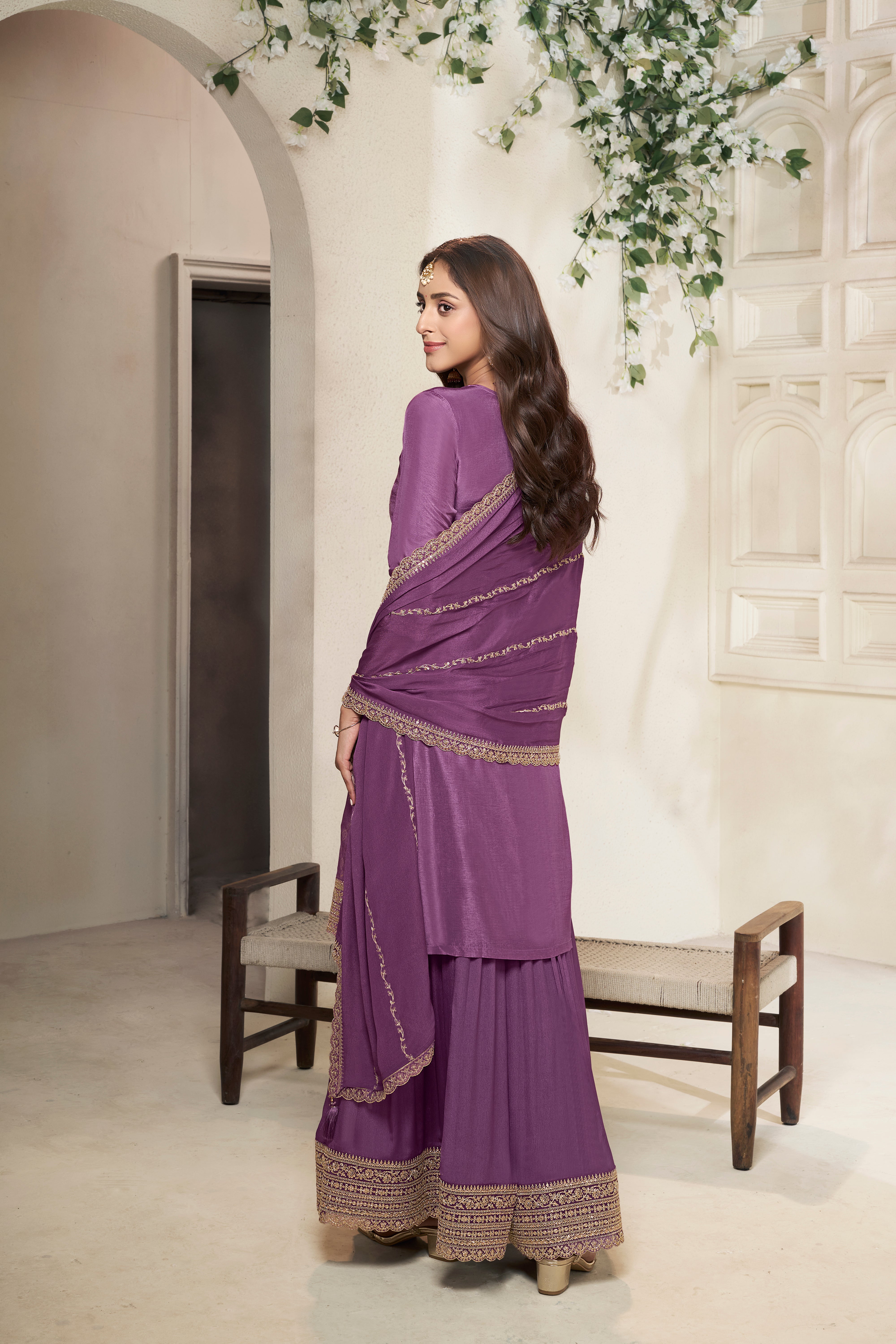 Deep Mauve Embellished Banarasi Silk Palazzo Set