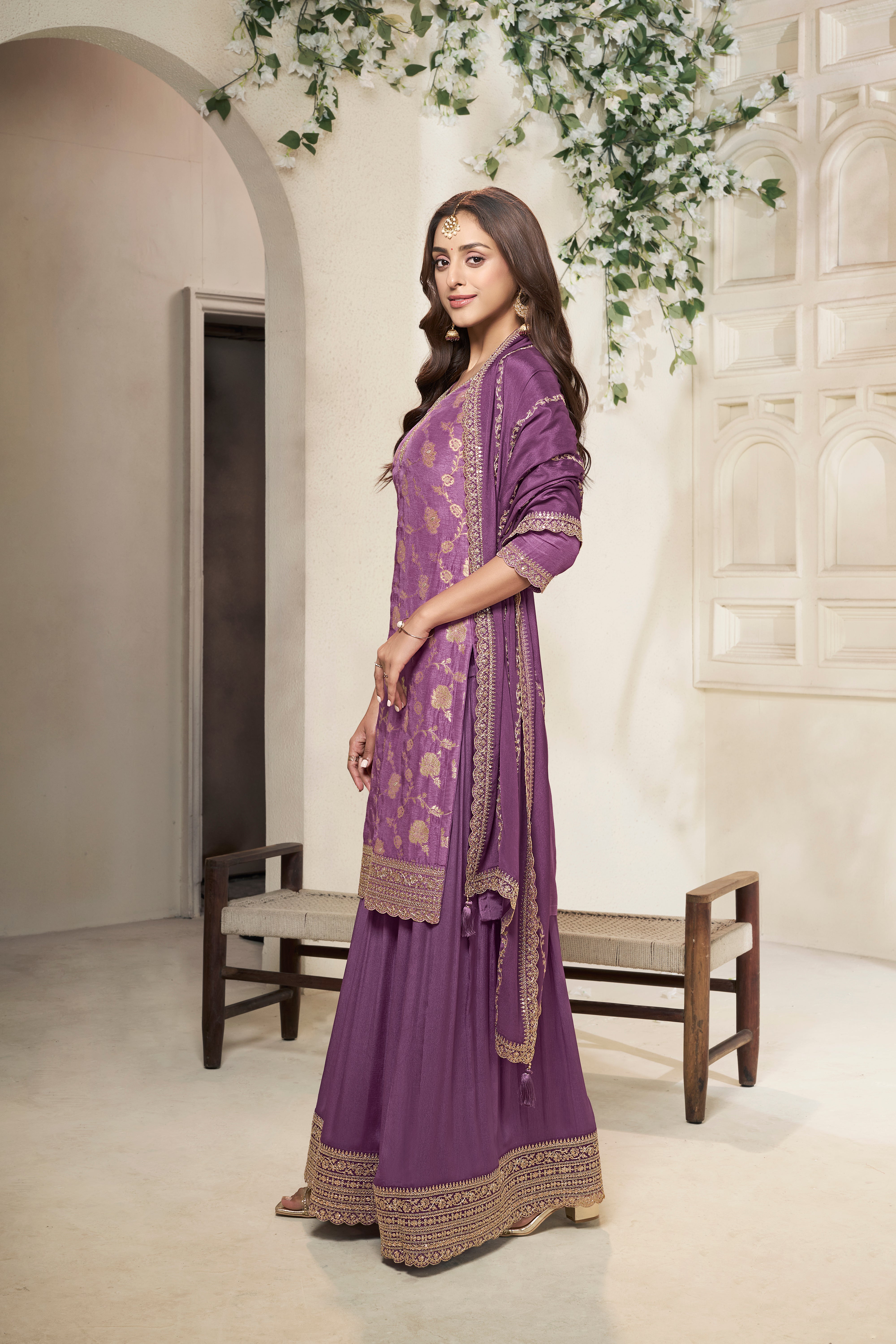 Deep Mauve Embellished Banarasi Silk Palazzo Set