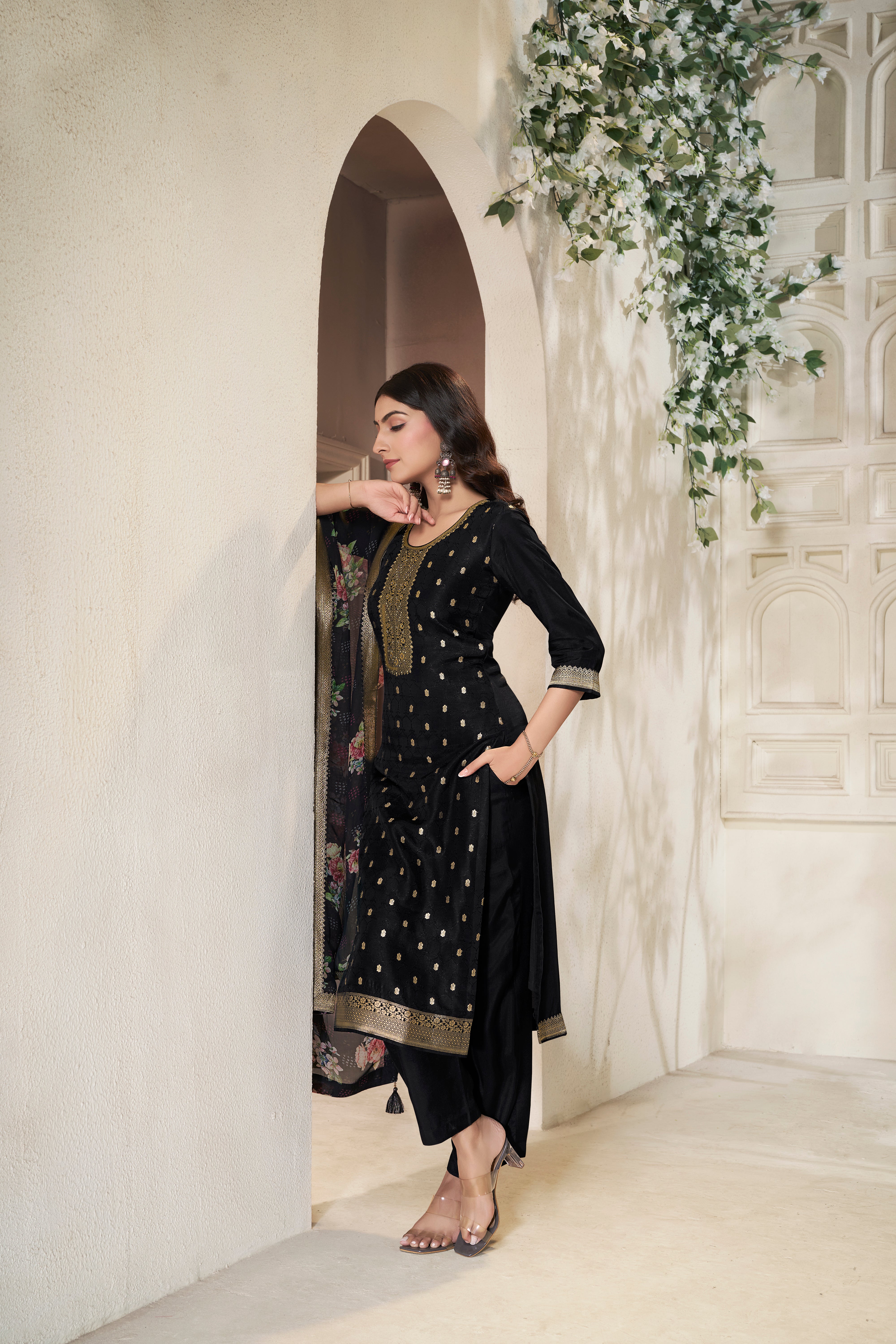Cosmic Black Dola Silk Kurta & Pant Set