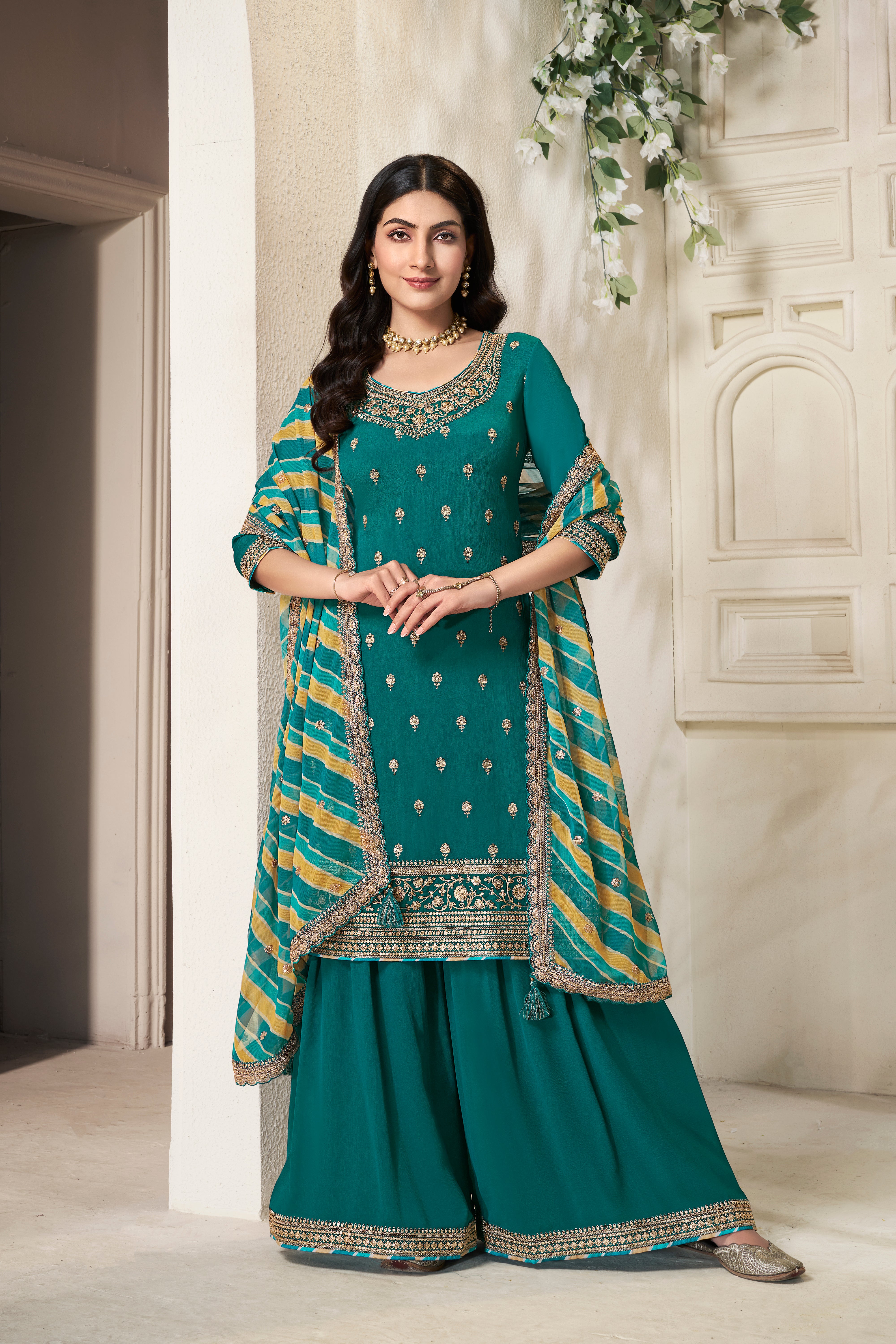 Teal Green Leheriya Kurta & Palazzo Set