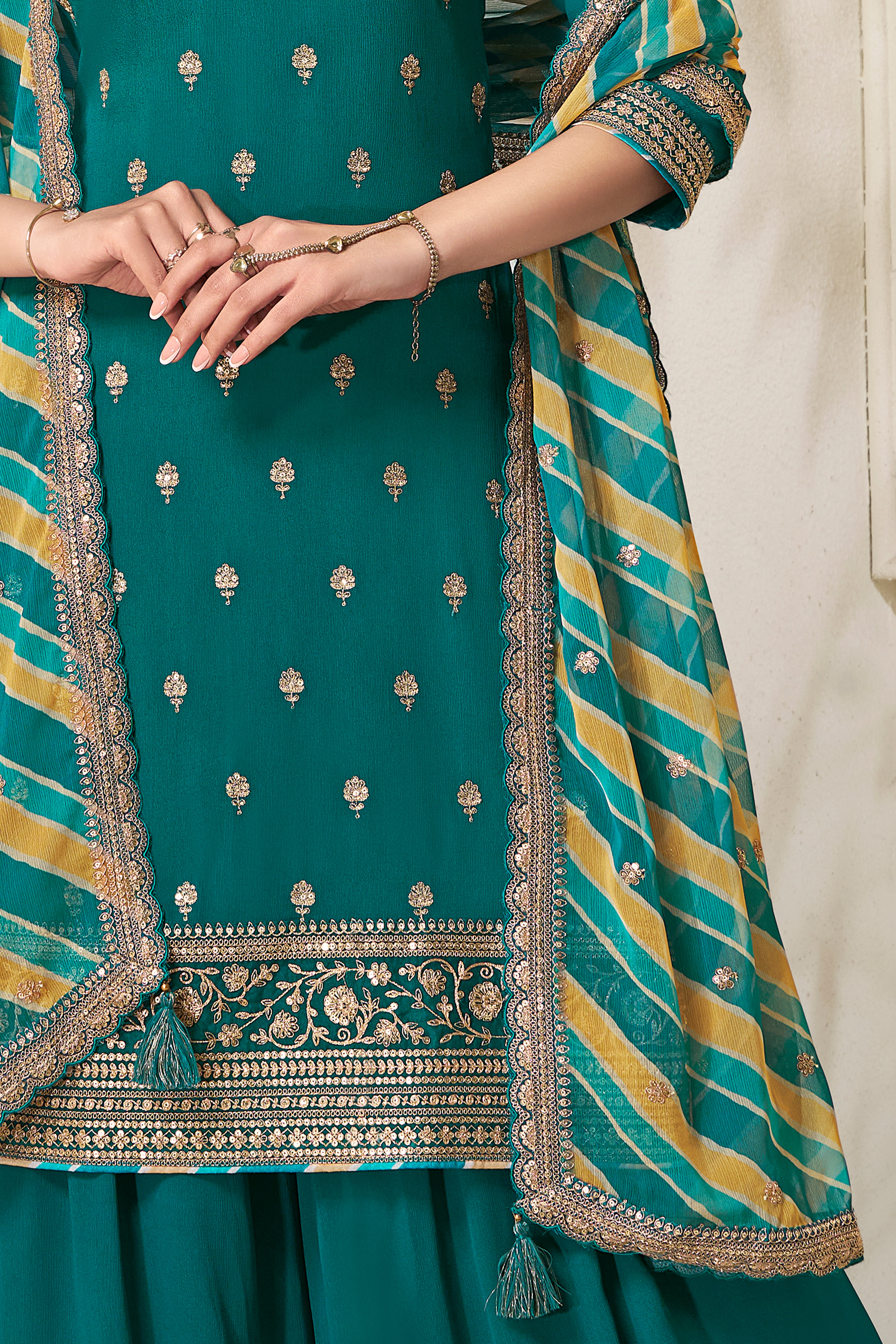 Teal Green Leheriya Kurta & Palazzo Set