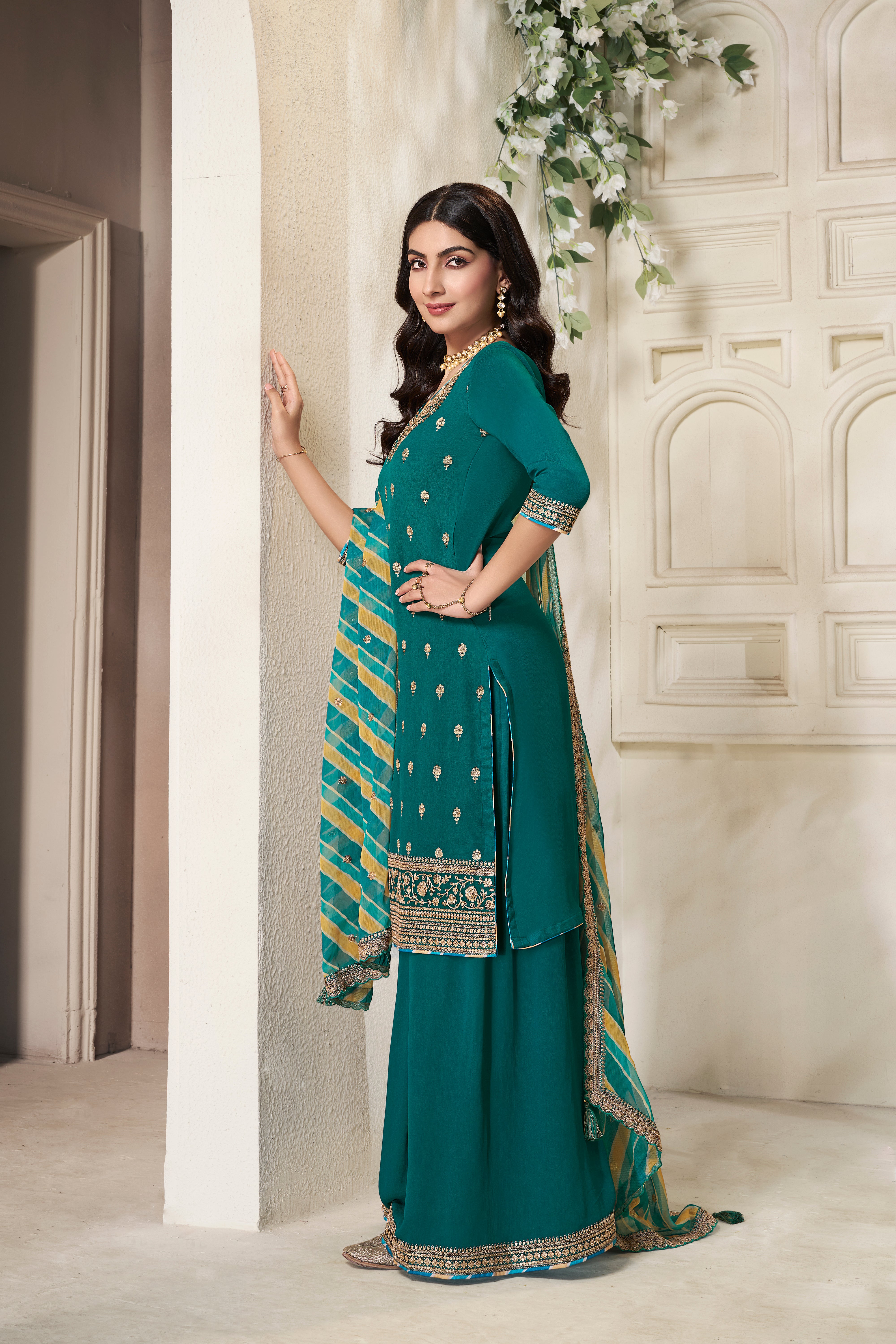 Teal Green Leheriya Kurta & Palazzo Set