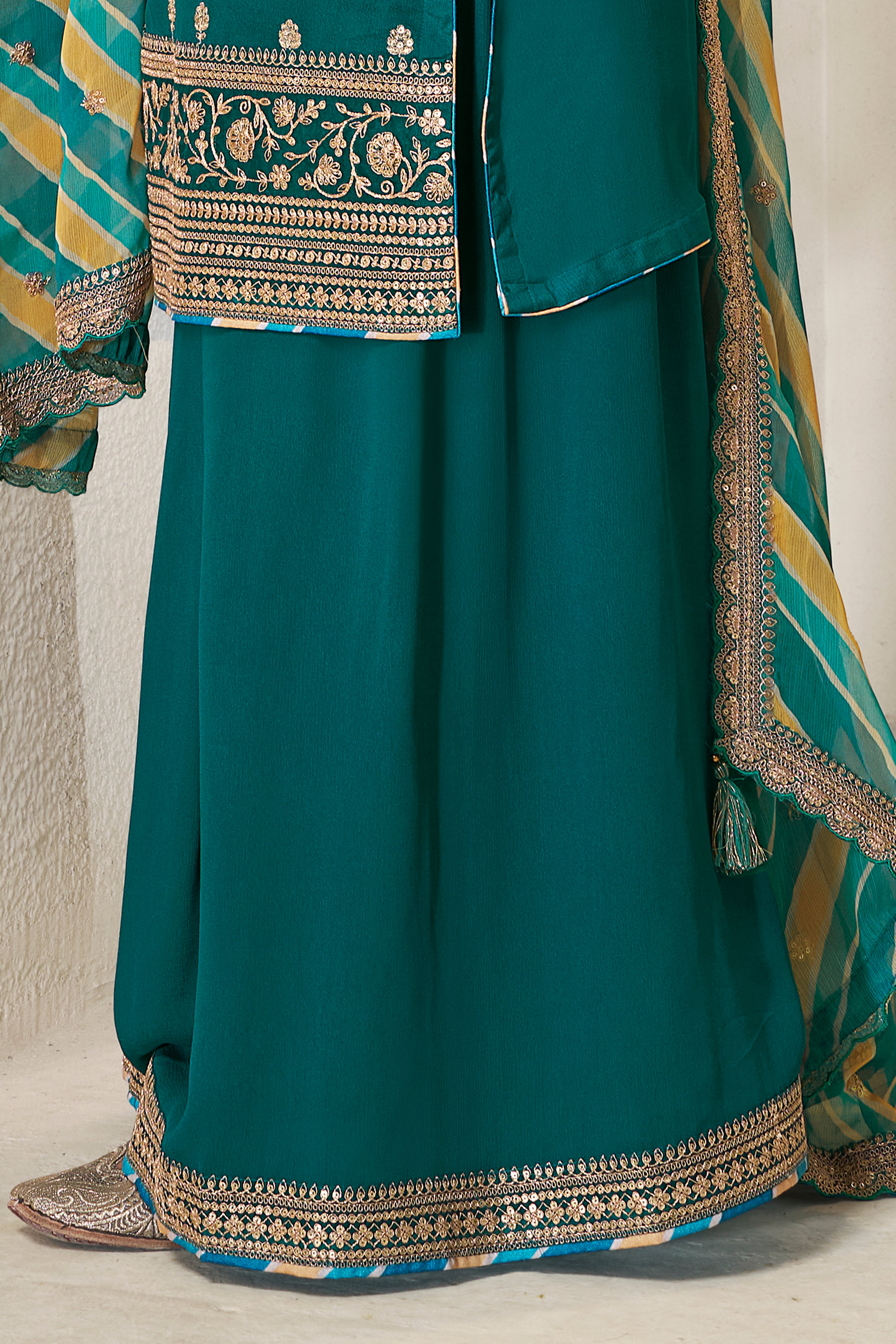 Teal Green Leheriya Kurta & Palazzo Set