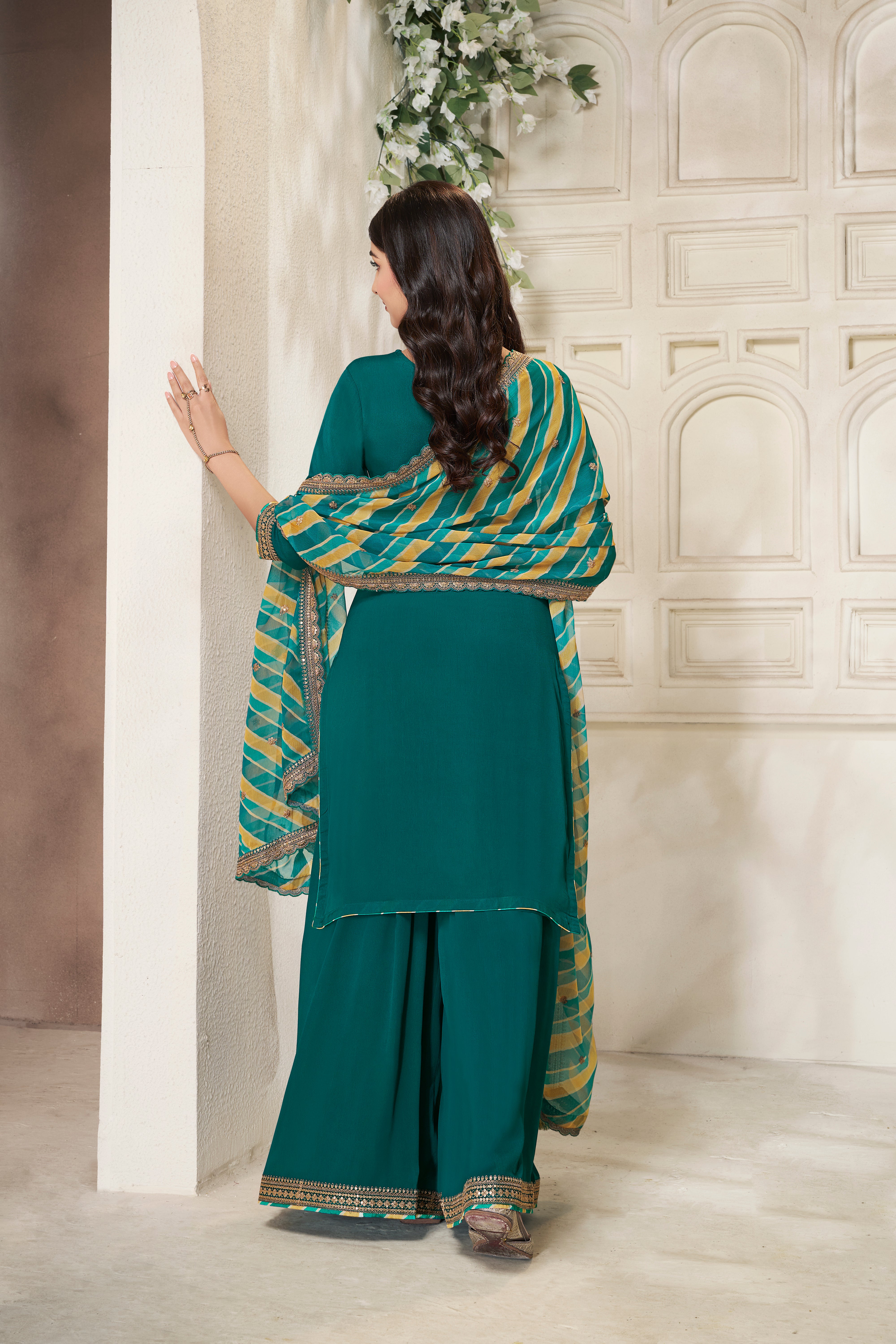 Teal Green Leheriya Kurta & Palazzo Set