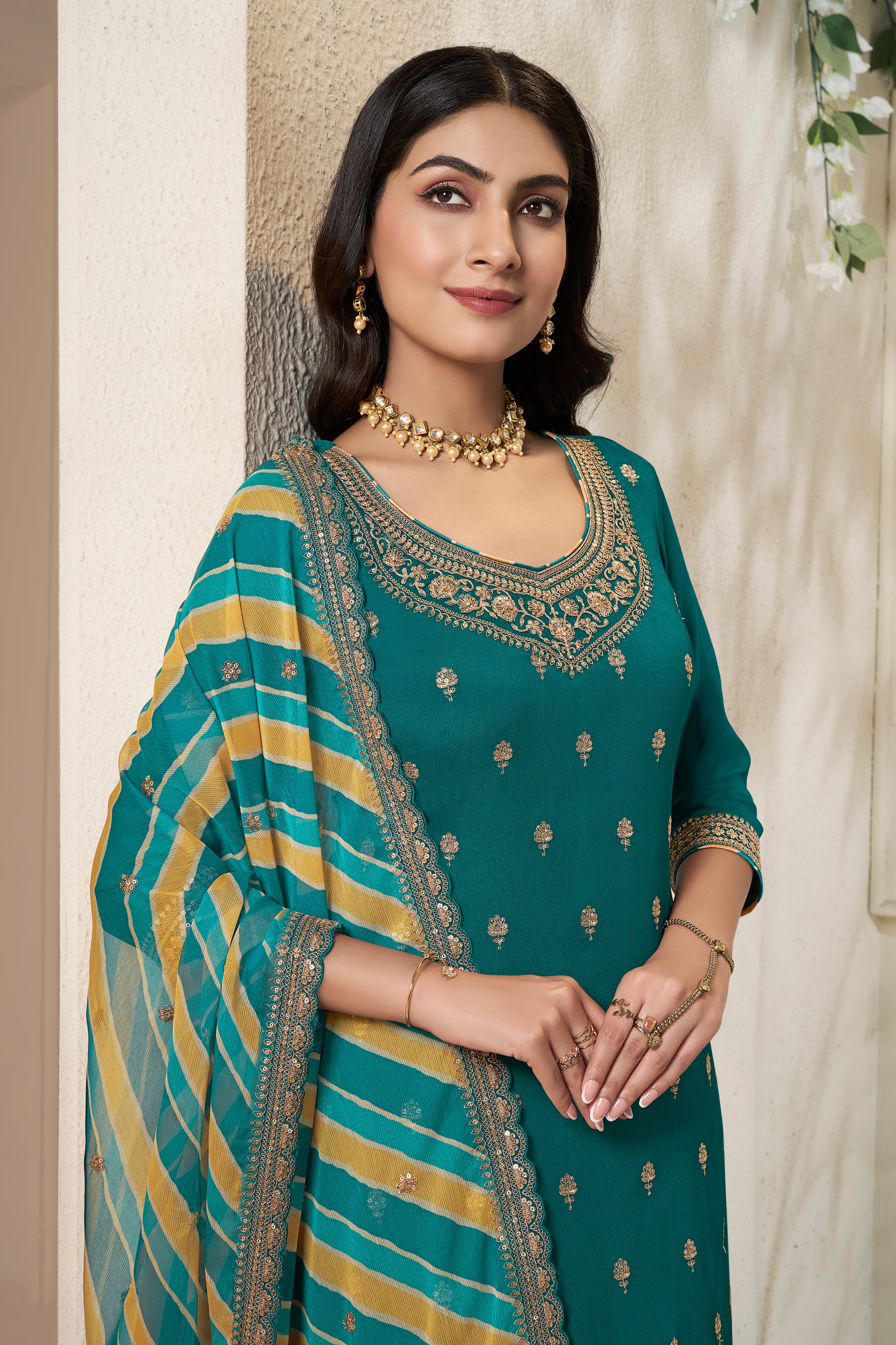 Teal Green Leheriya Kurta & Palazzo Set