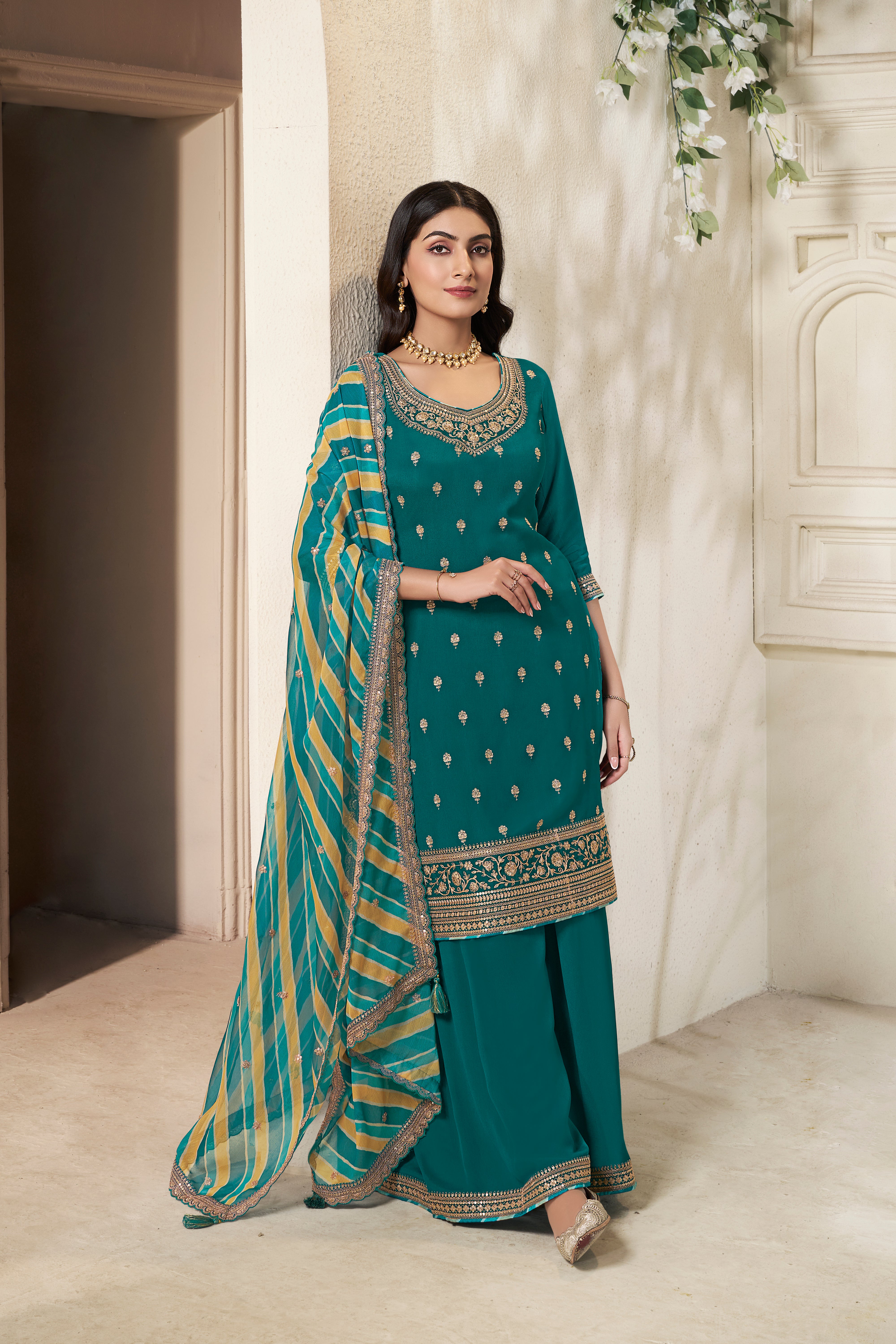 Teal Green Leheriya Kurta & Palazzo Set