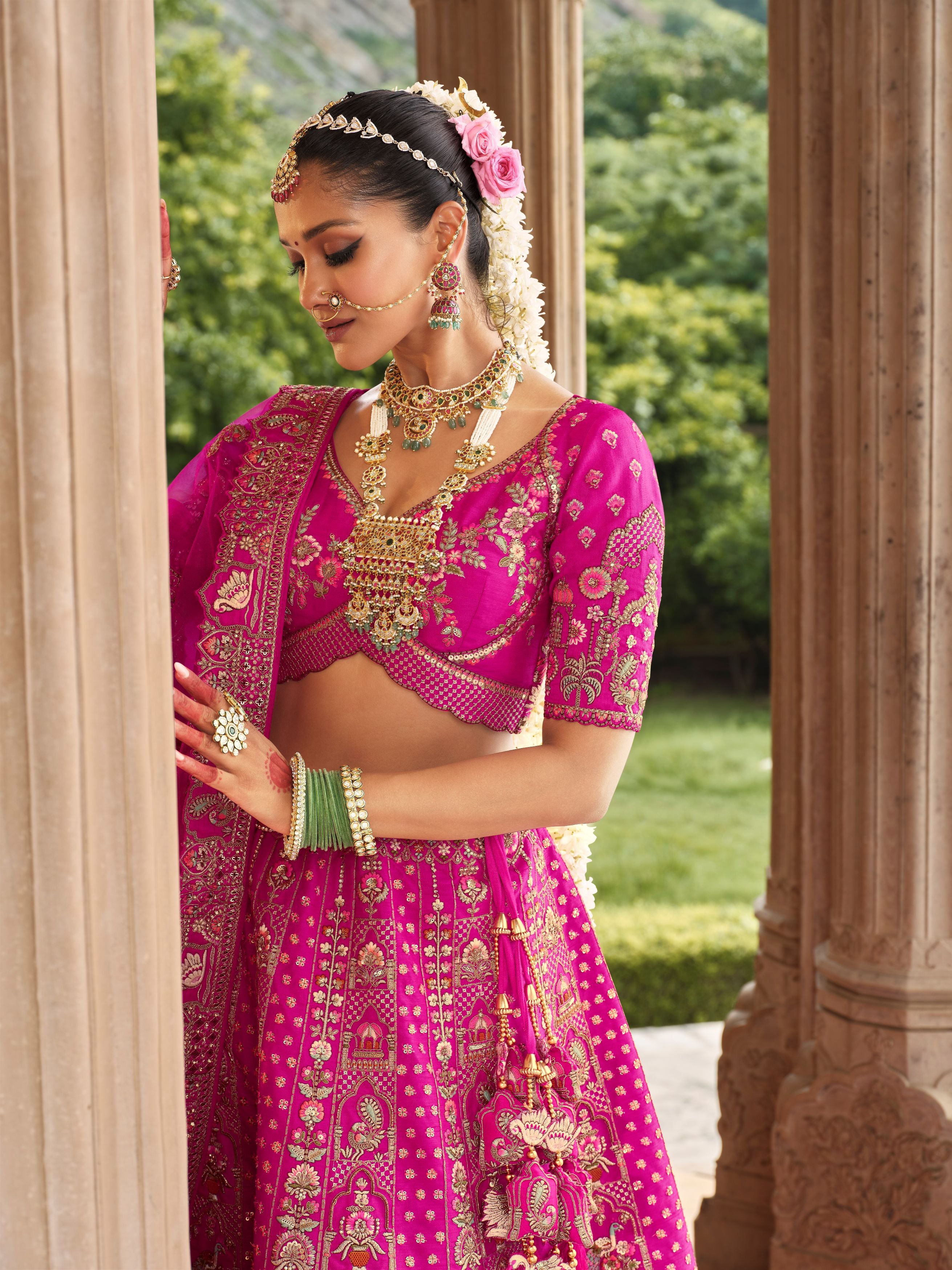 Ruby Pink Embellished Premium Silk Bridal Lehenga Set