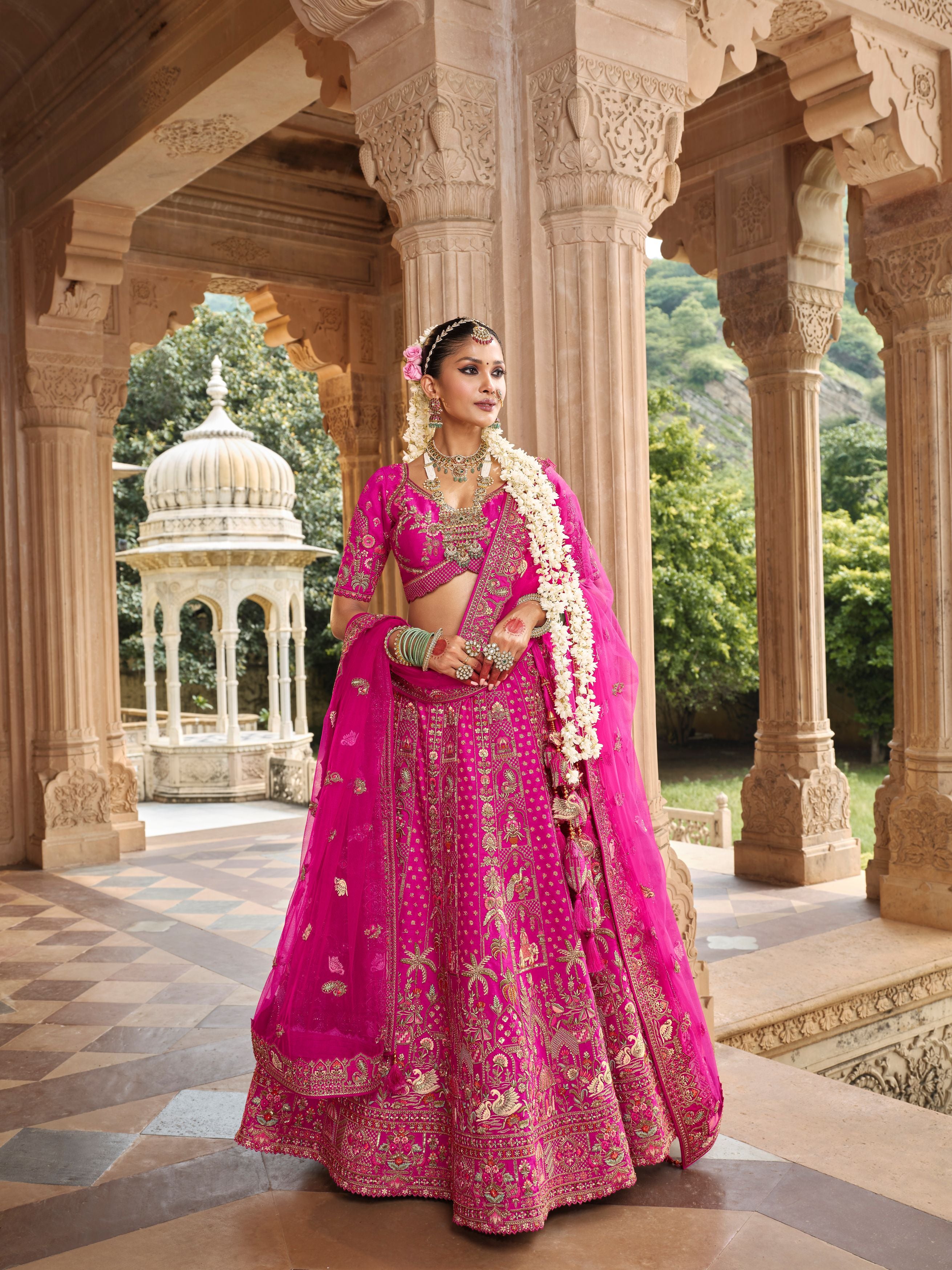 Ruby Pink Embellished Premium Silk Bridal Lehenga Set