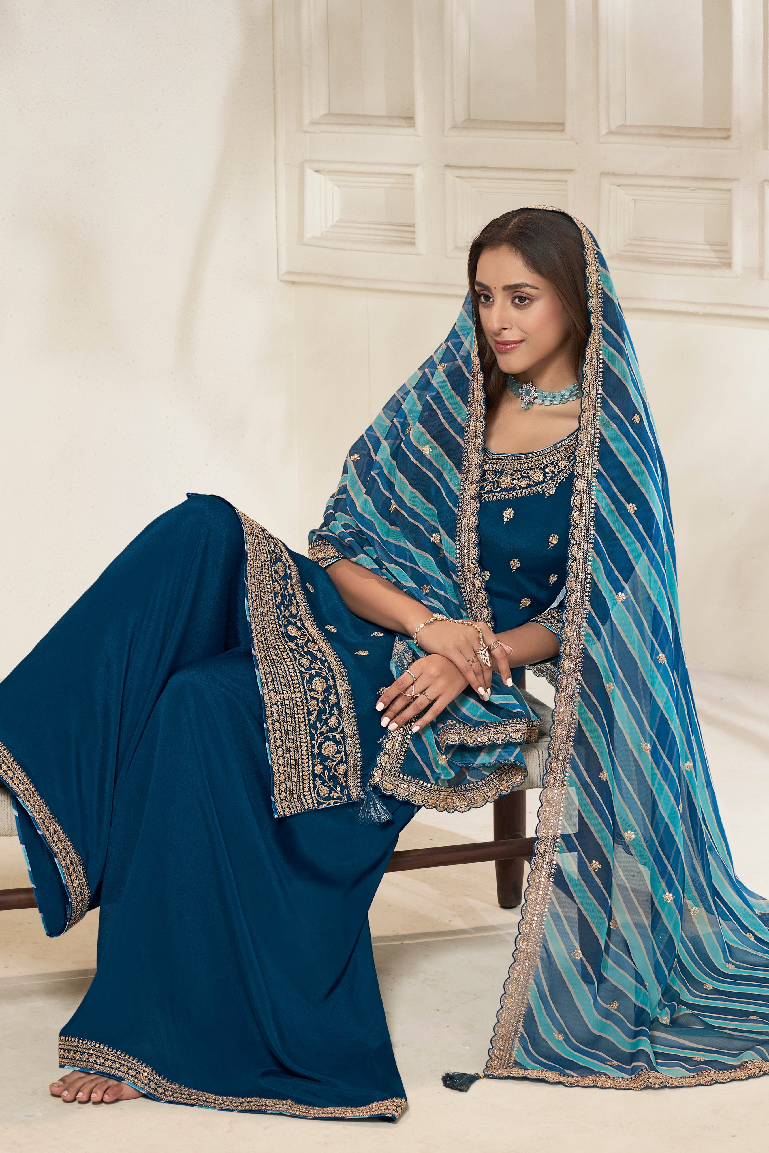 Sapphire Blue Leheriya Kurta & Palazzo Set