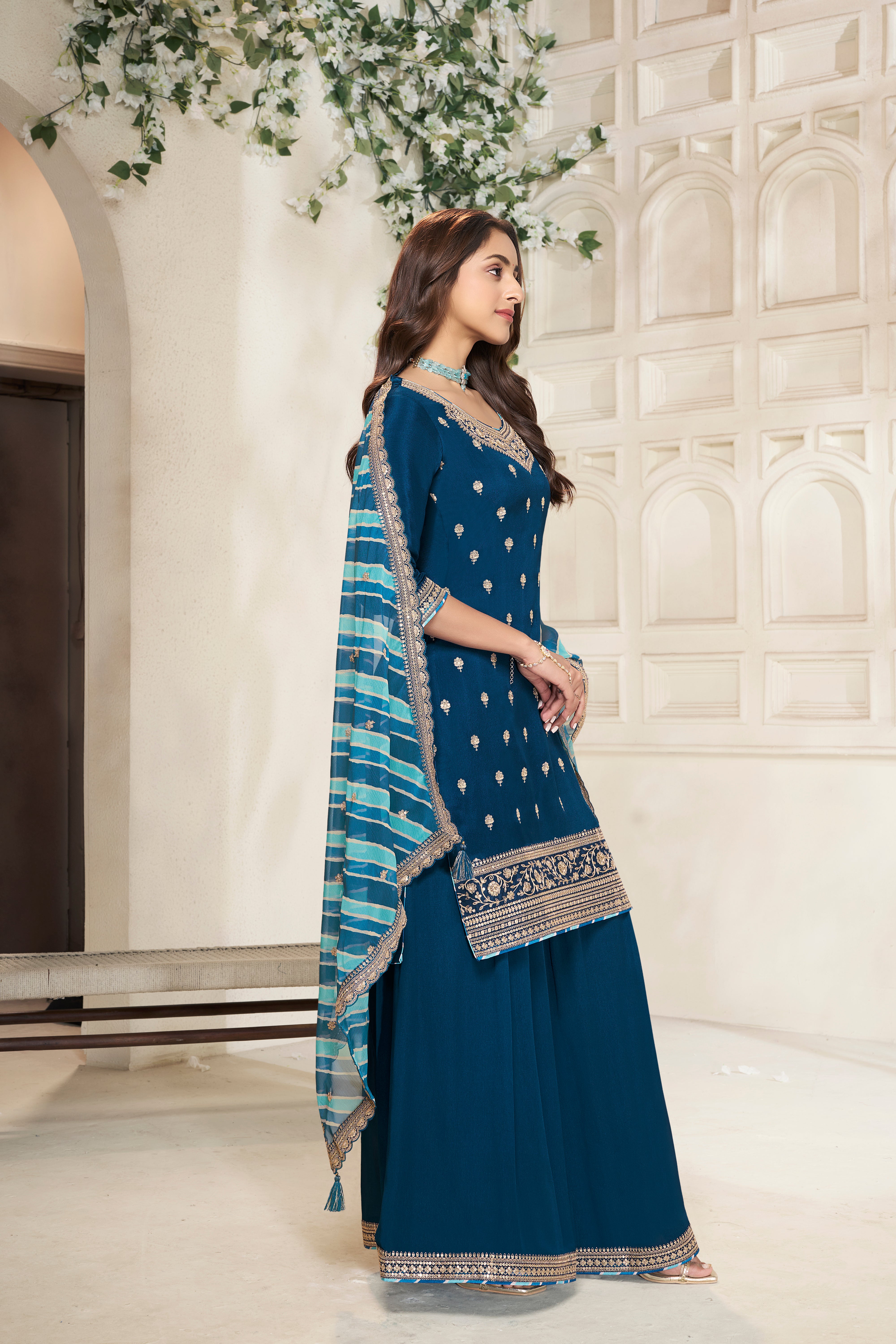 Sapphire Blue Leheriya Kurta & Palazzo Set