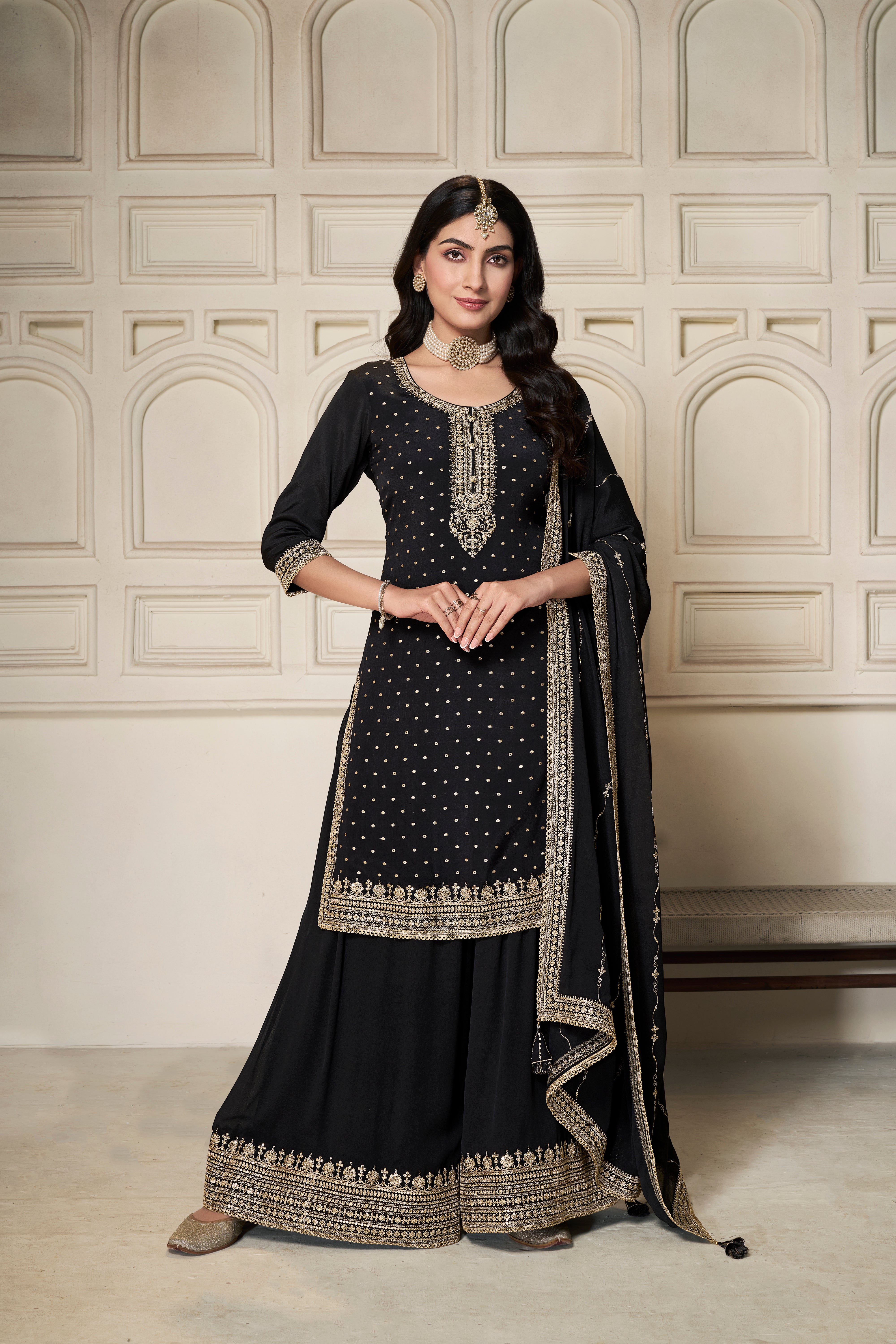 Nightingale Black Chinon Silk Kurta & Divider Sharara Set