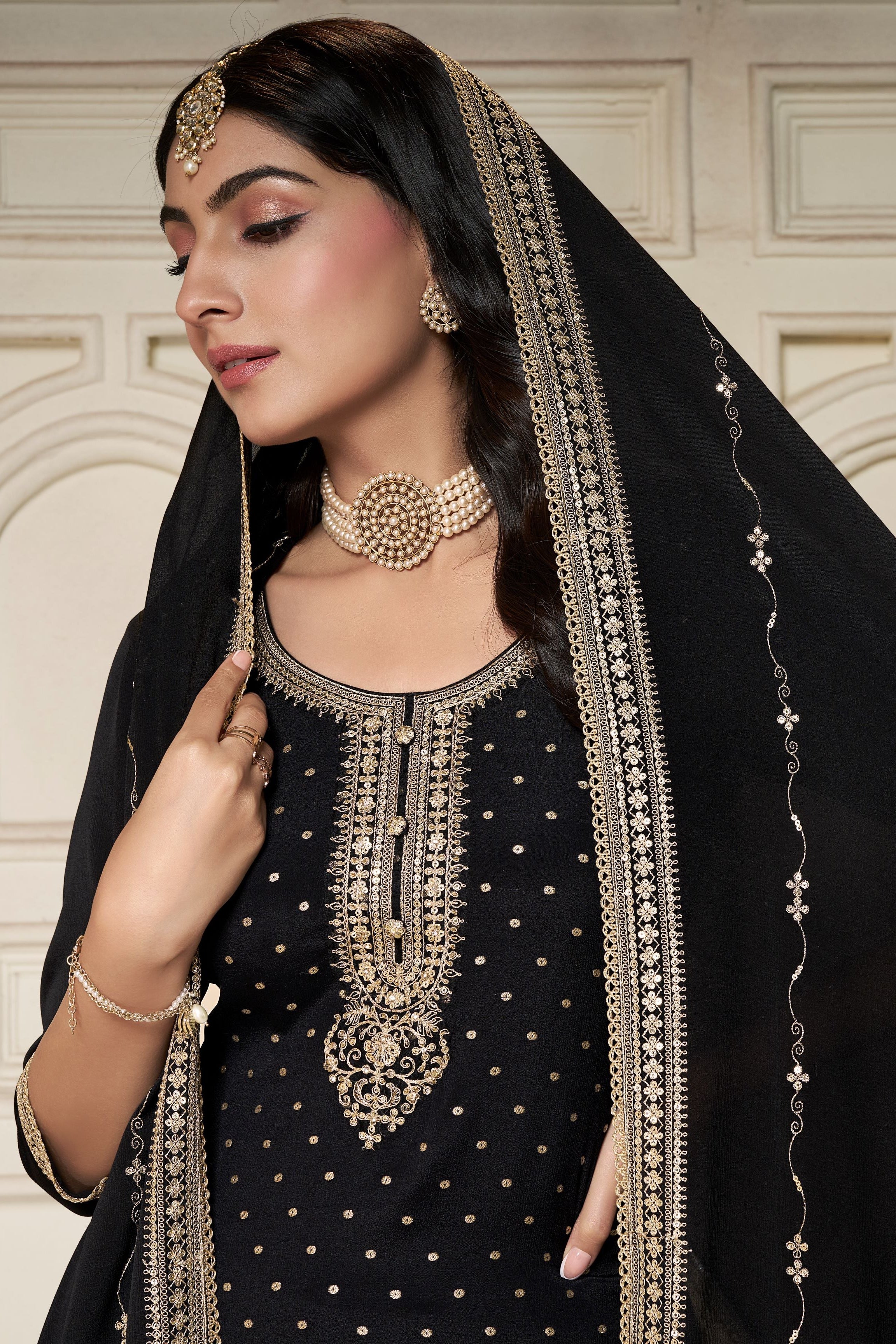Nightingale Black Chinon Silk Kurta & Divider Sharara Set