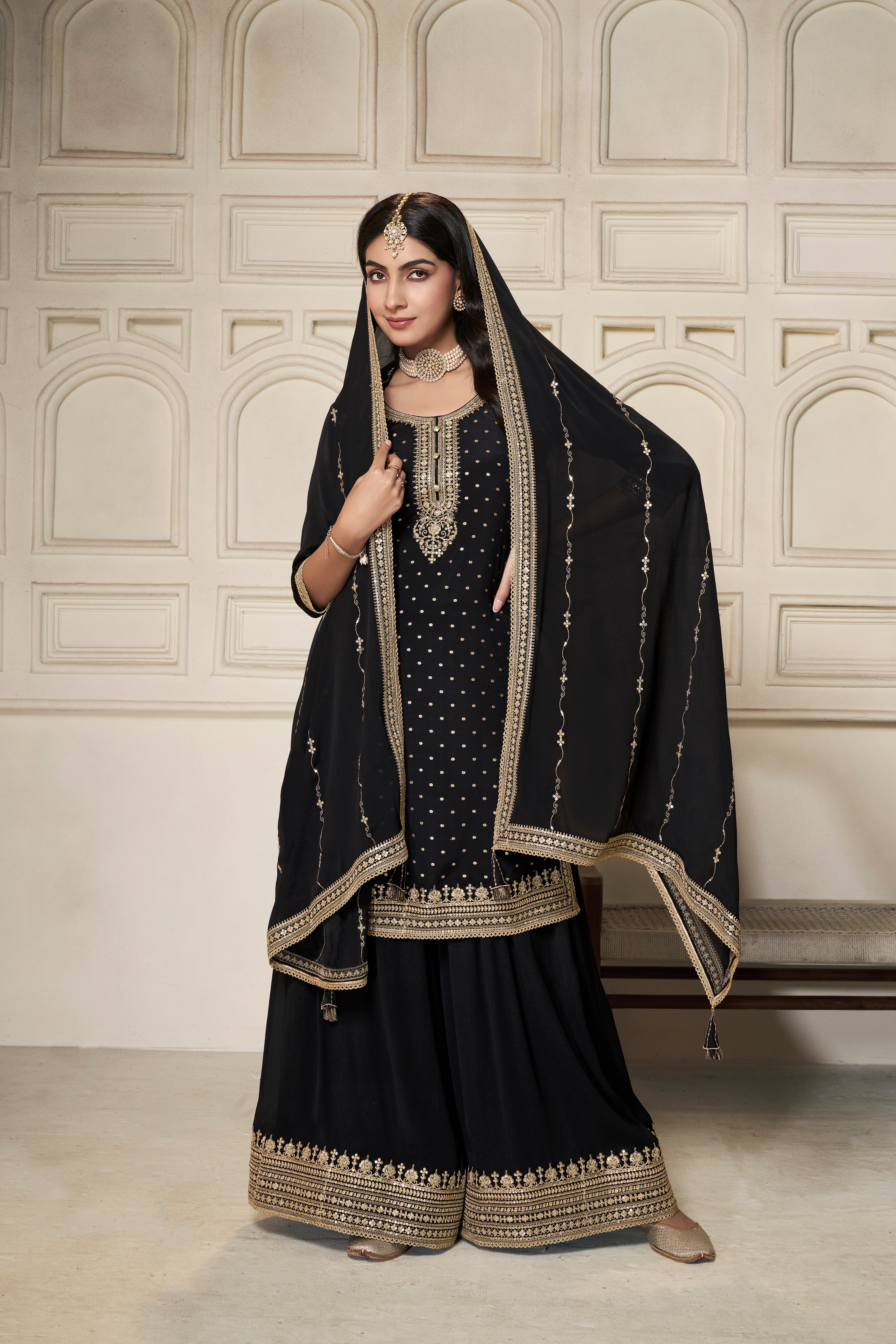 Nightingale Black Chinon Silk Kurta & Divider Sharara Set