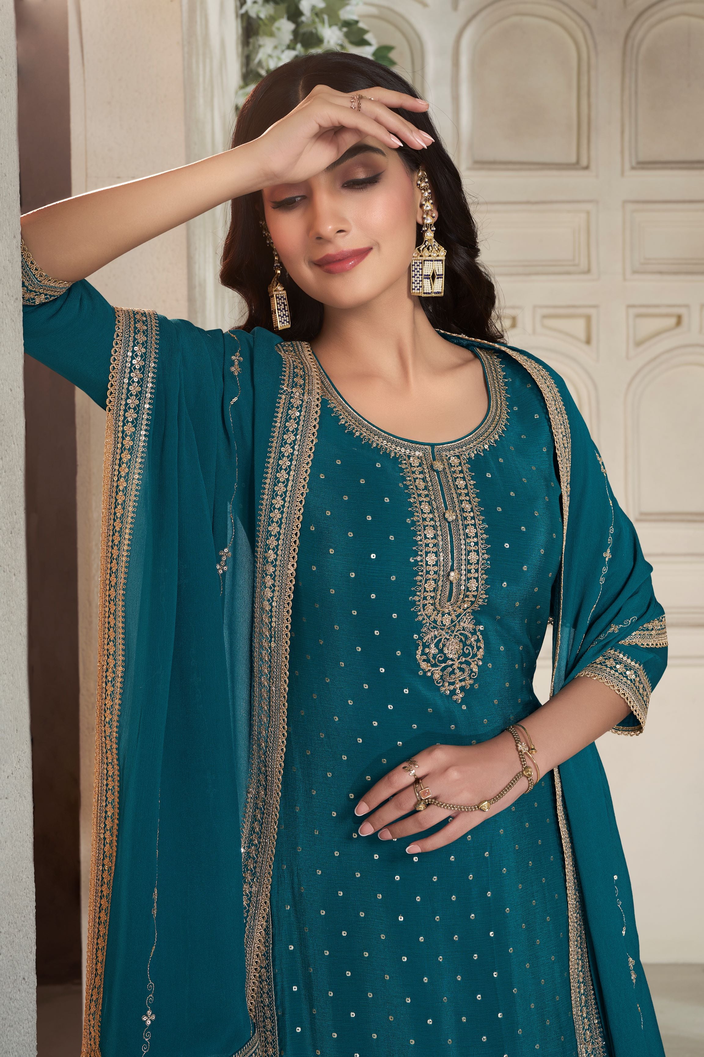 Teal Blue Chinon Silk Kurta & Divider Sharara Set