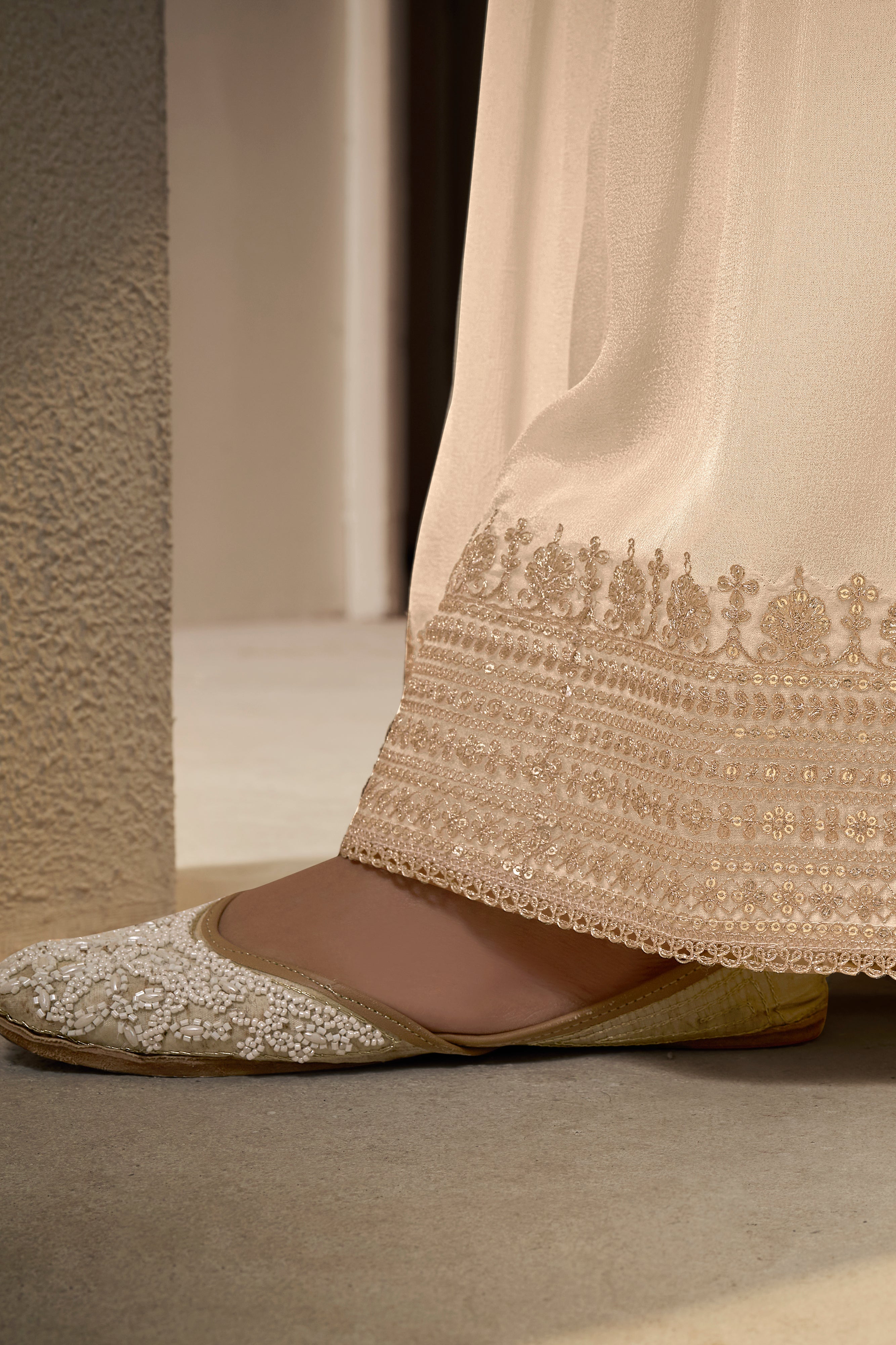 Gentle Off-White Chinon Silk Kurta & Divider Sharara Set