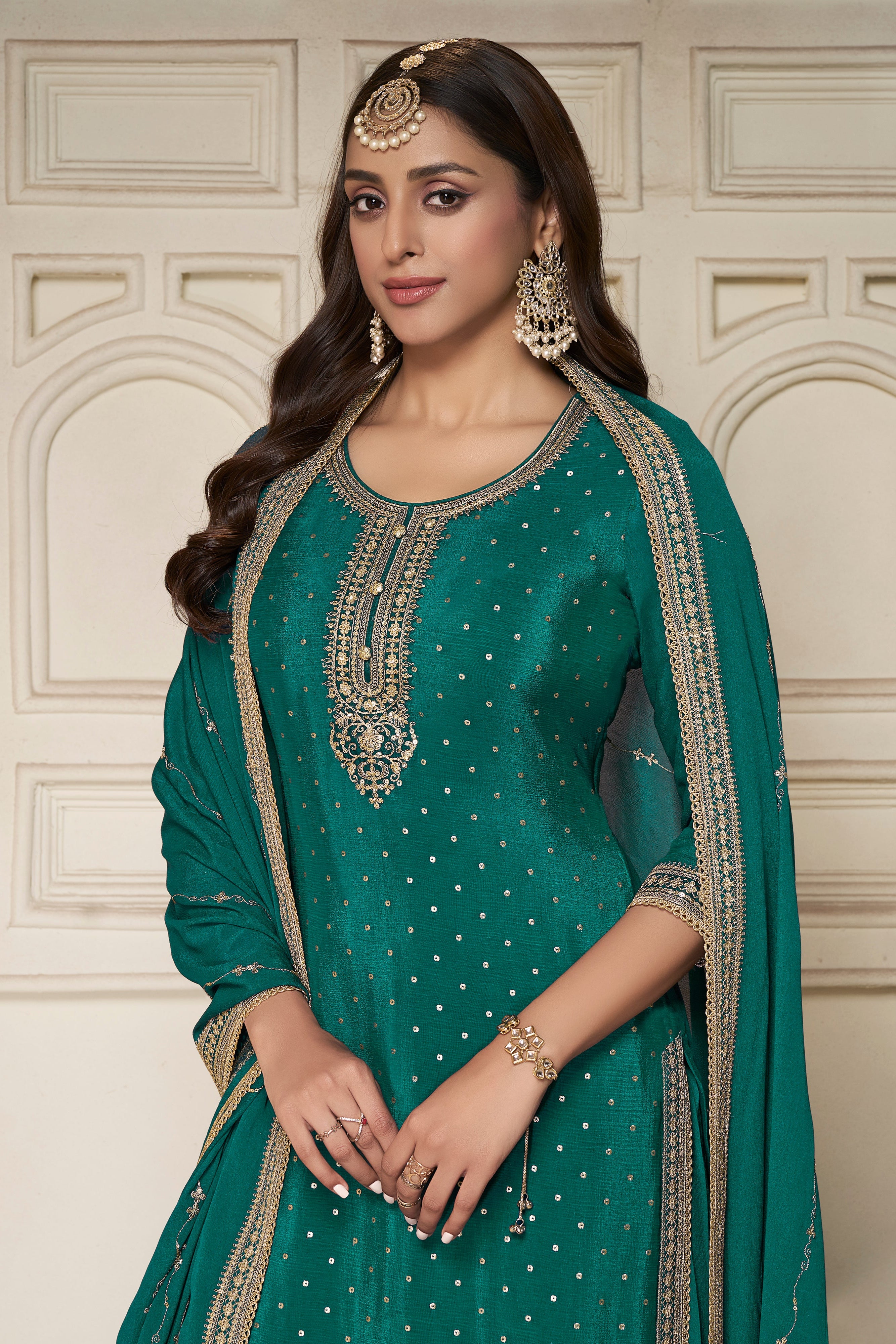 Teal Green Chinon Silk Kurta & Divider Sharara Set