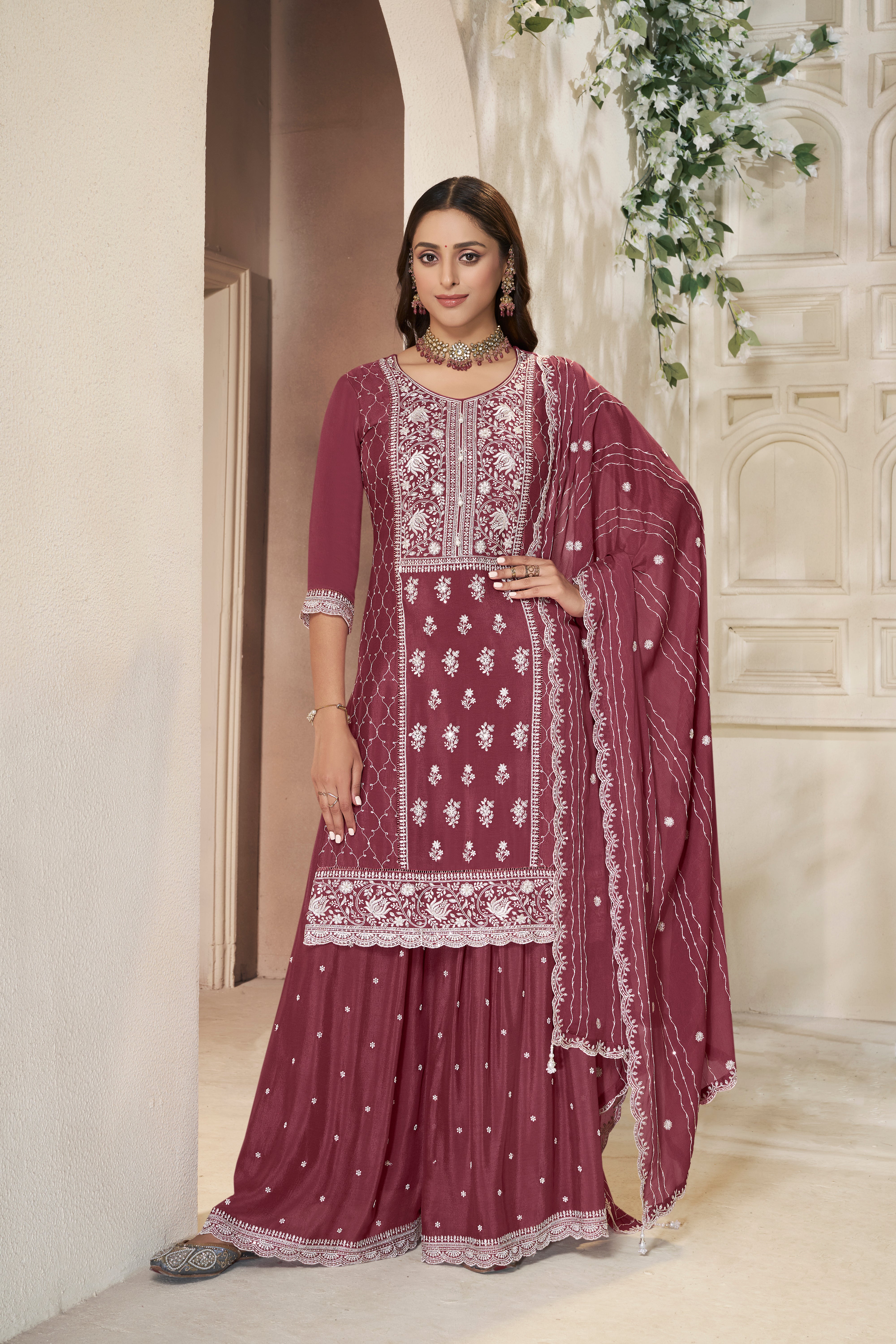 Shimmer Maroon Chinon Silk Kurta & Palazzo Set