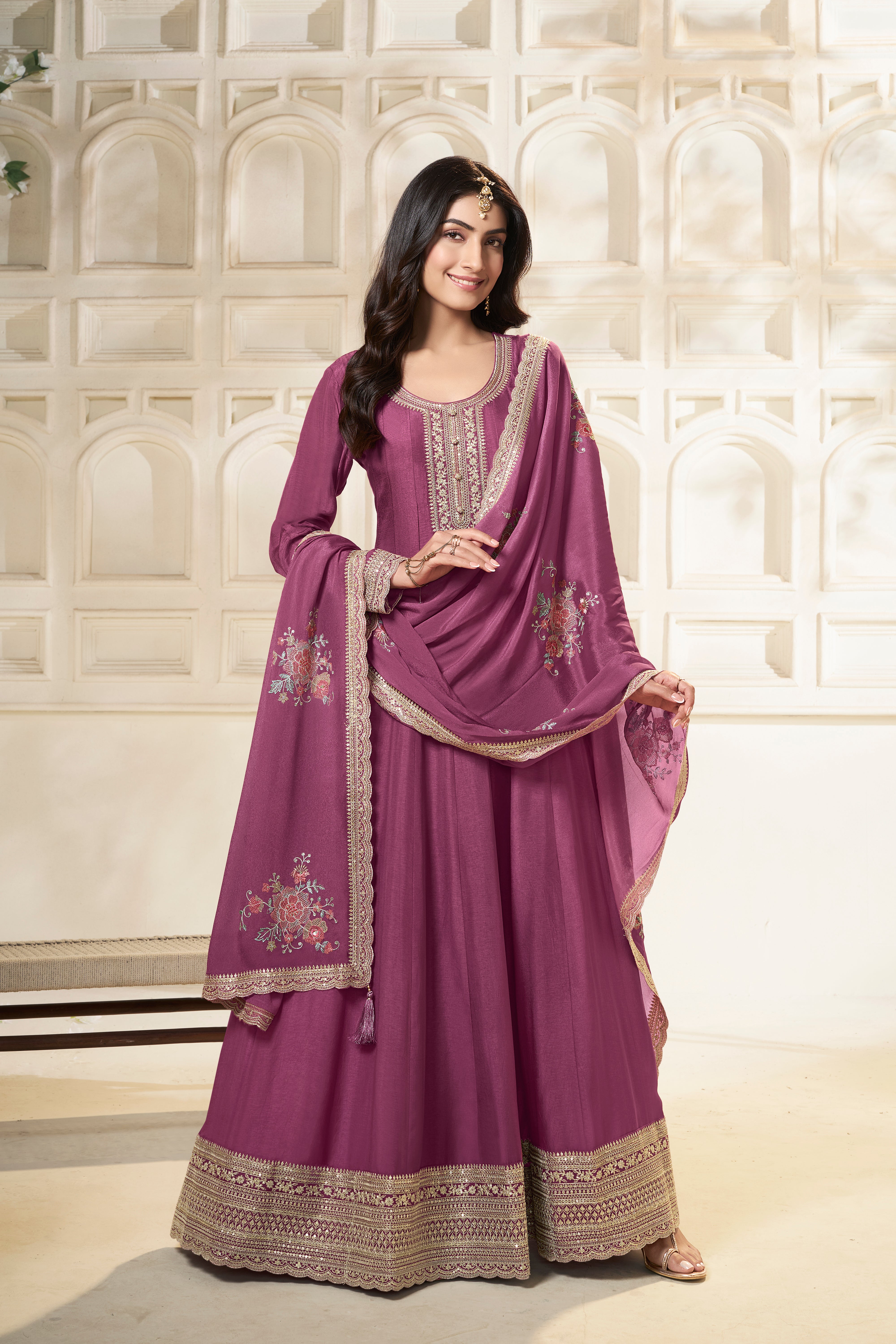 Wine Pink Dola Silk Anarkali Set