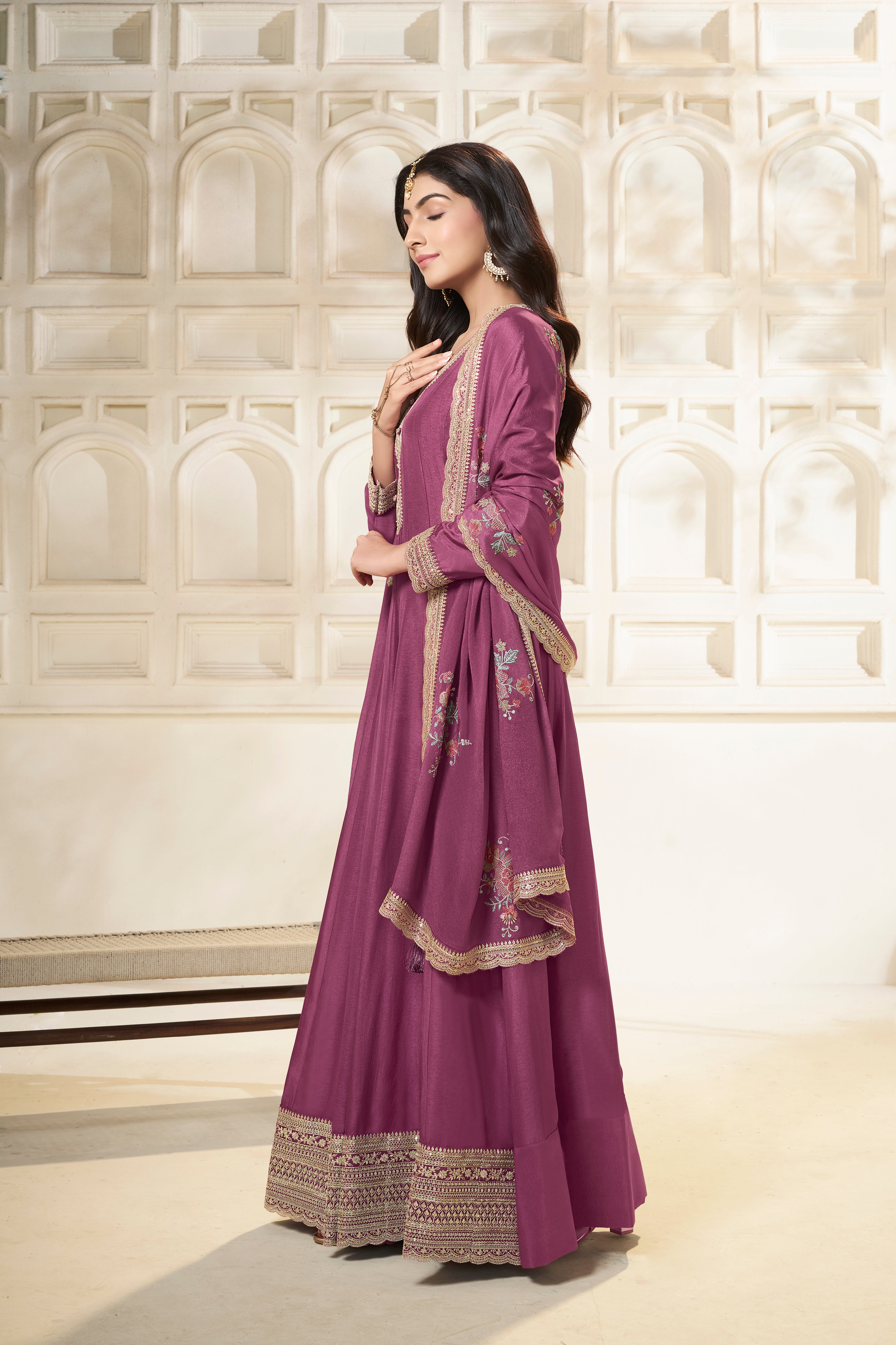 Wine Pink Dola Silk Anarkali Set