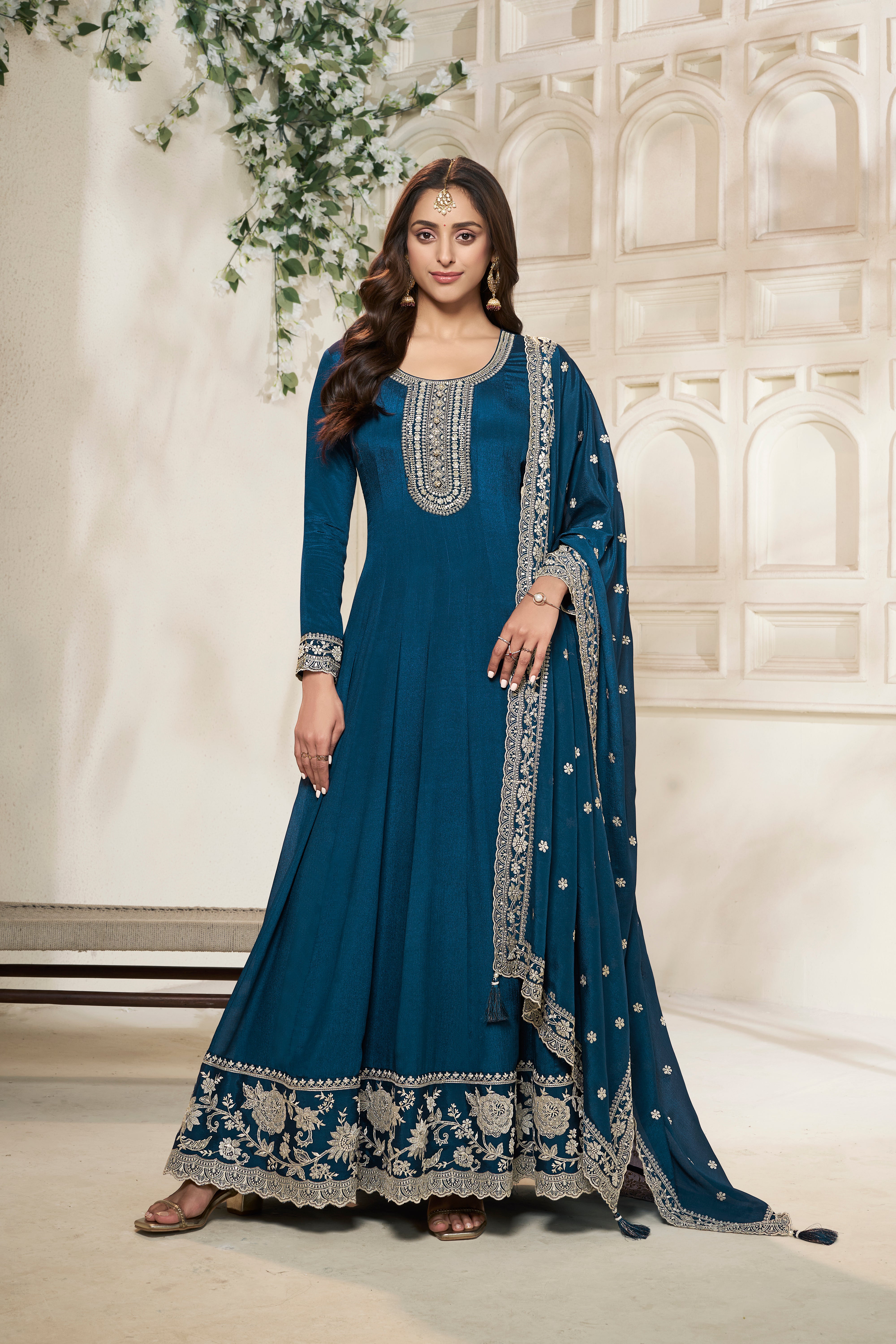 Crystal Teal Embroidered Anarkali Set