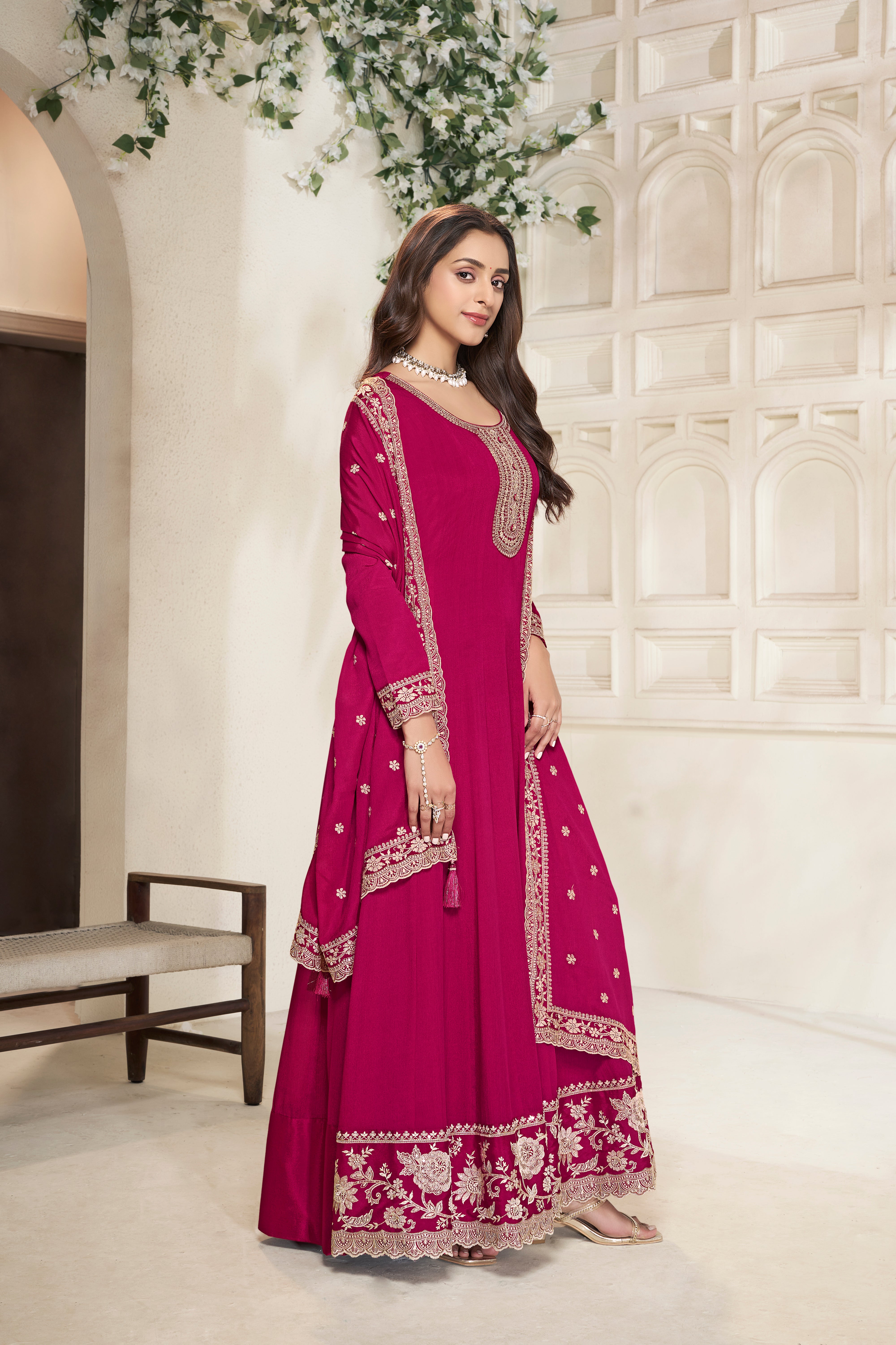 Deep Pink Embroidered Anarkali Set