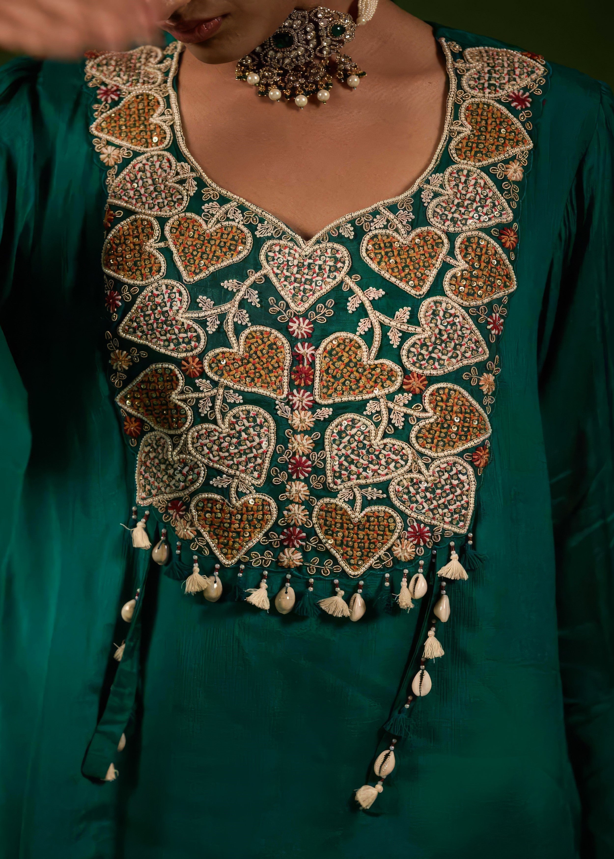 Teal Green Embellished Chinon Silk Palazzo Set