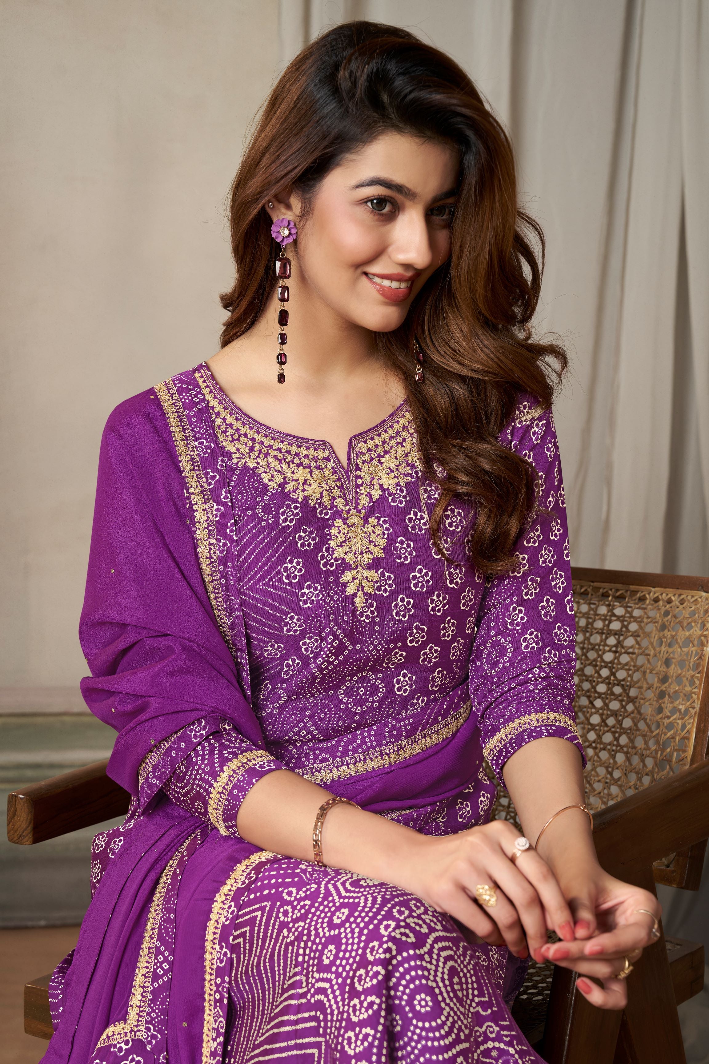 Violet Bandhani Printed Kurta & Pant Set