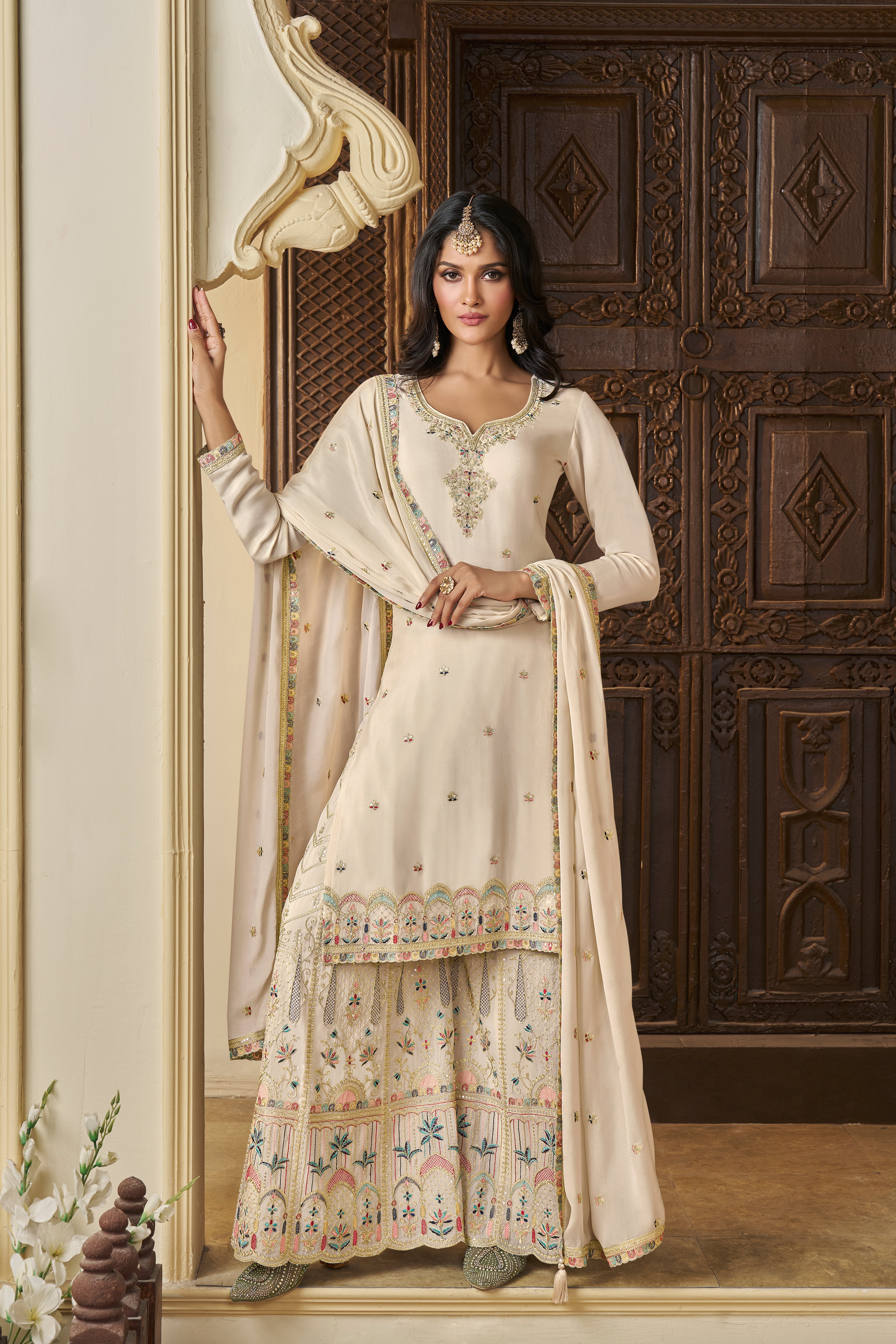 Off White Chinon Silk Kurta & Palazzo Set