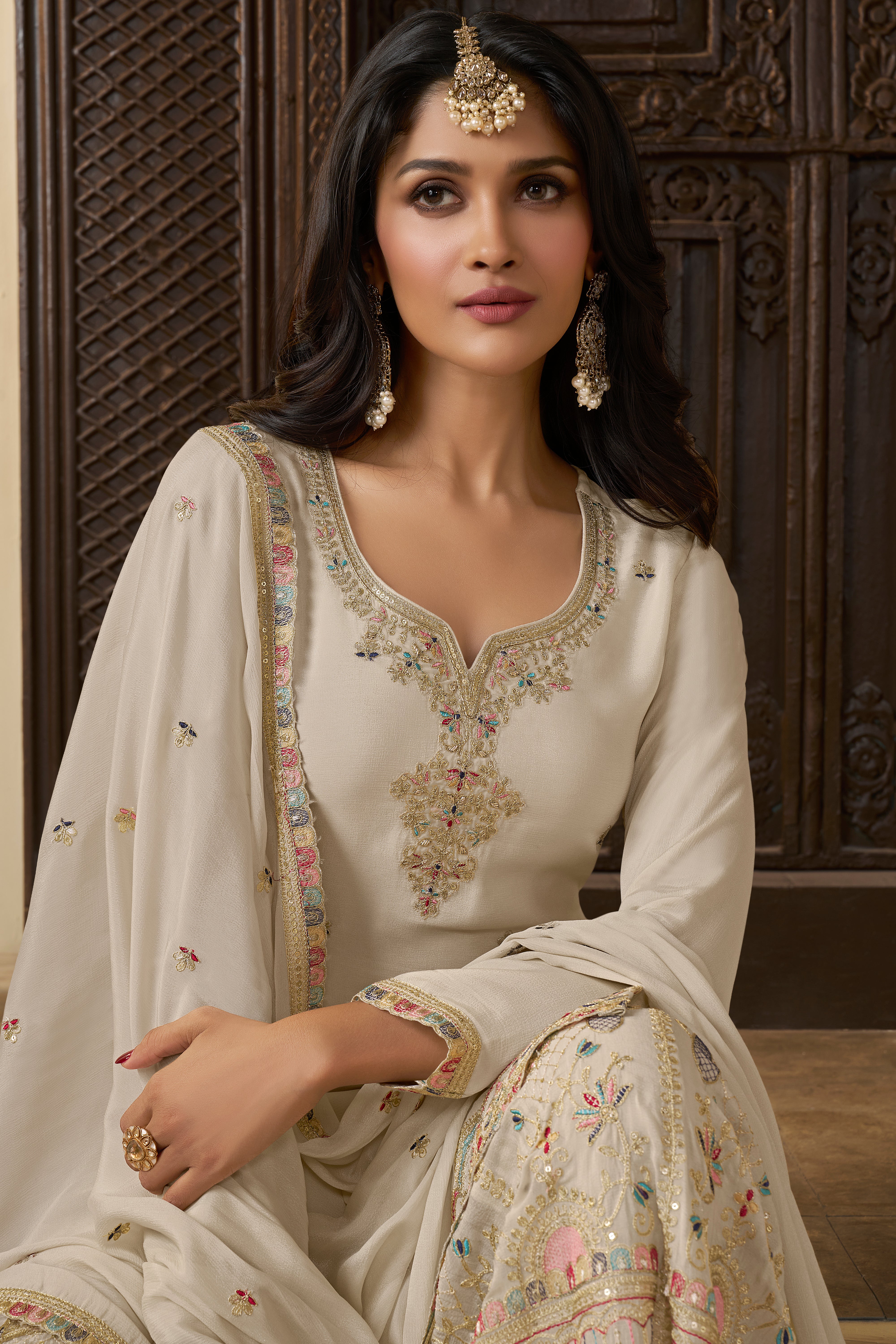 Off White Chinon Silk Kurta & Palazzo Set
