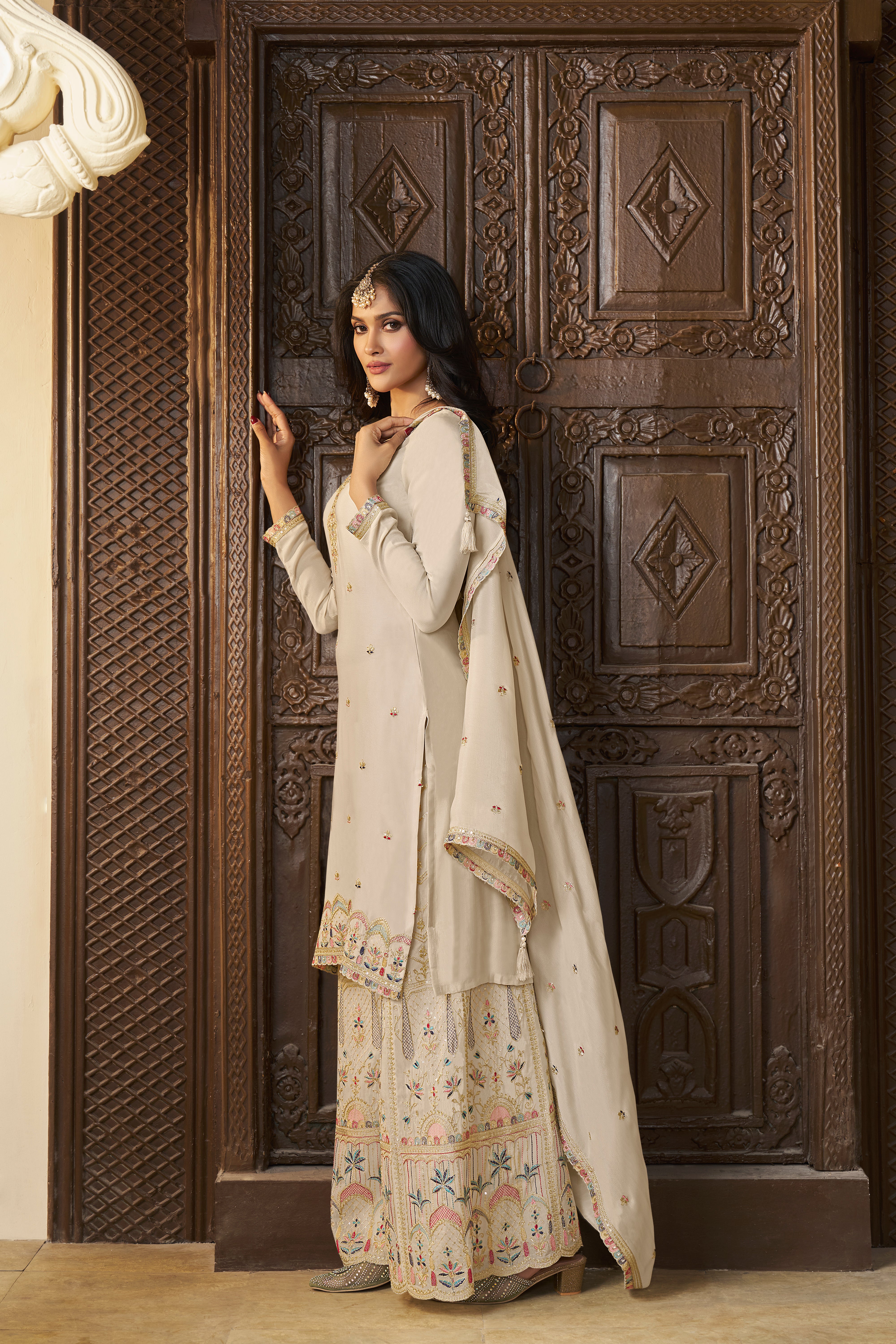 Off White Chinon Silk Kurta & Palazzo Set