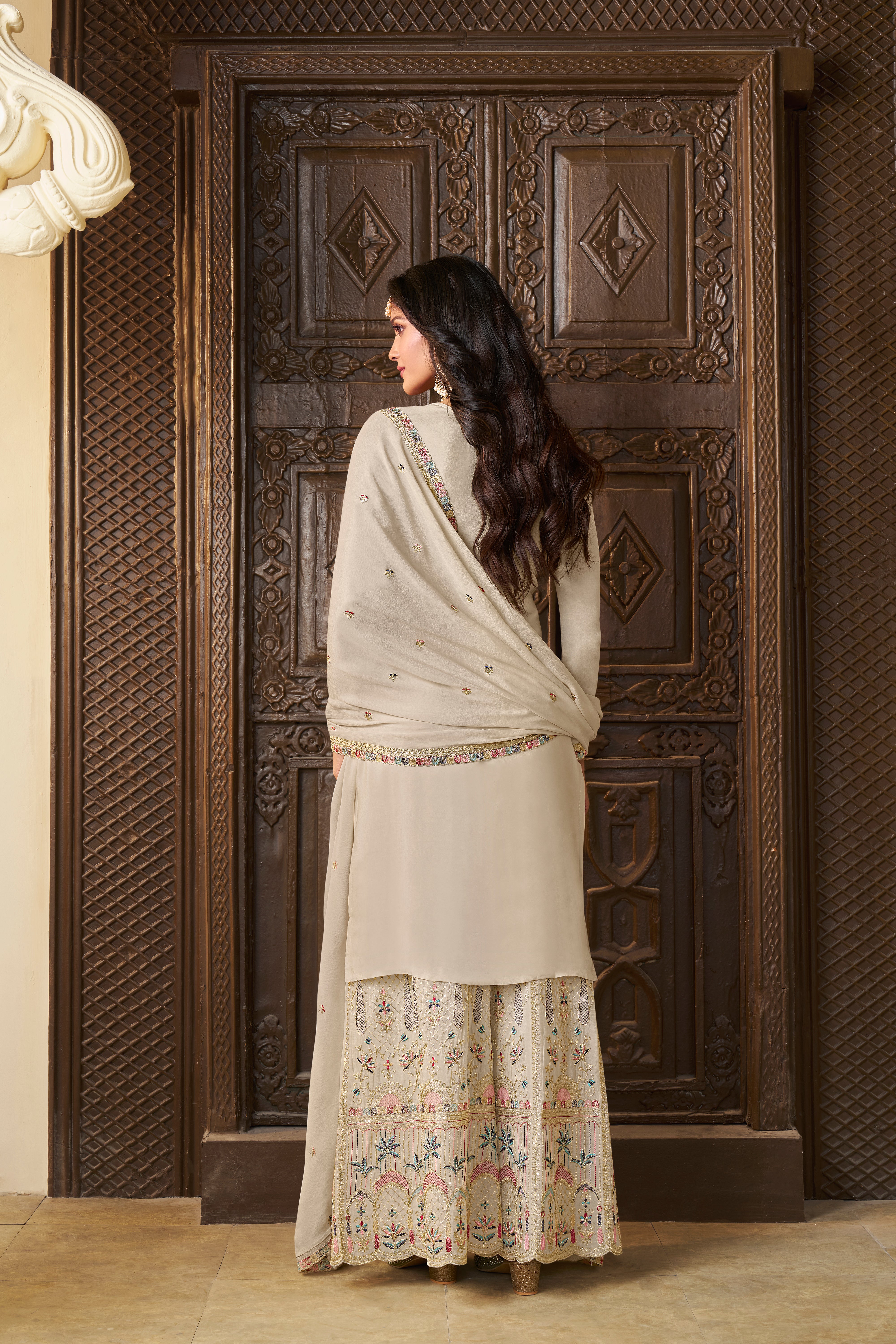 Off White Chinon Silk Kurta & Palazzo Set