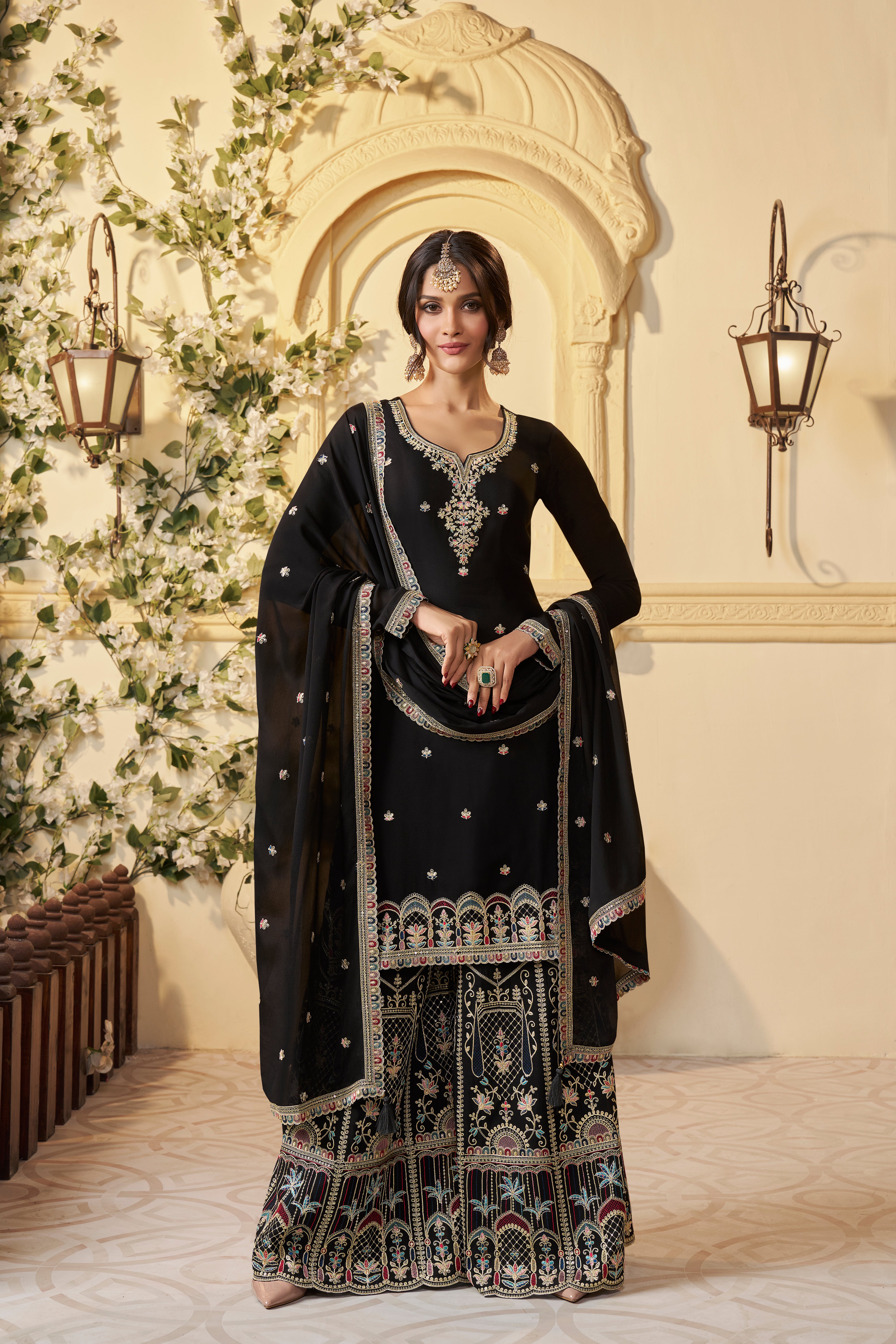 Black Chinon Silk Kurta & Palazzo Set