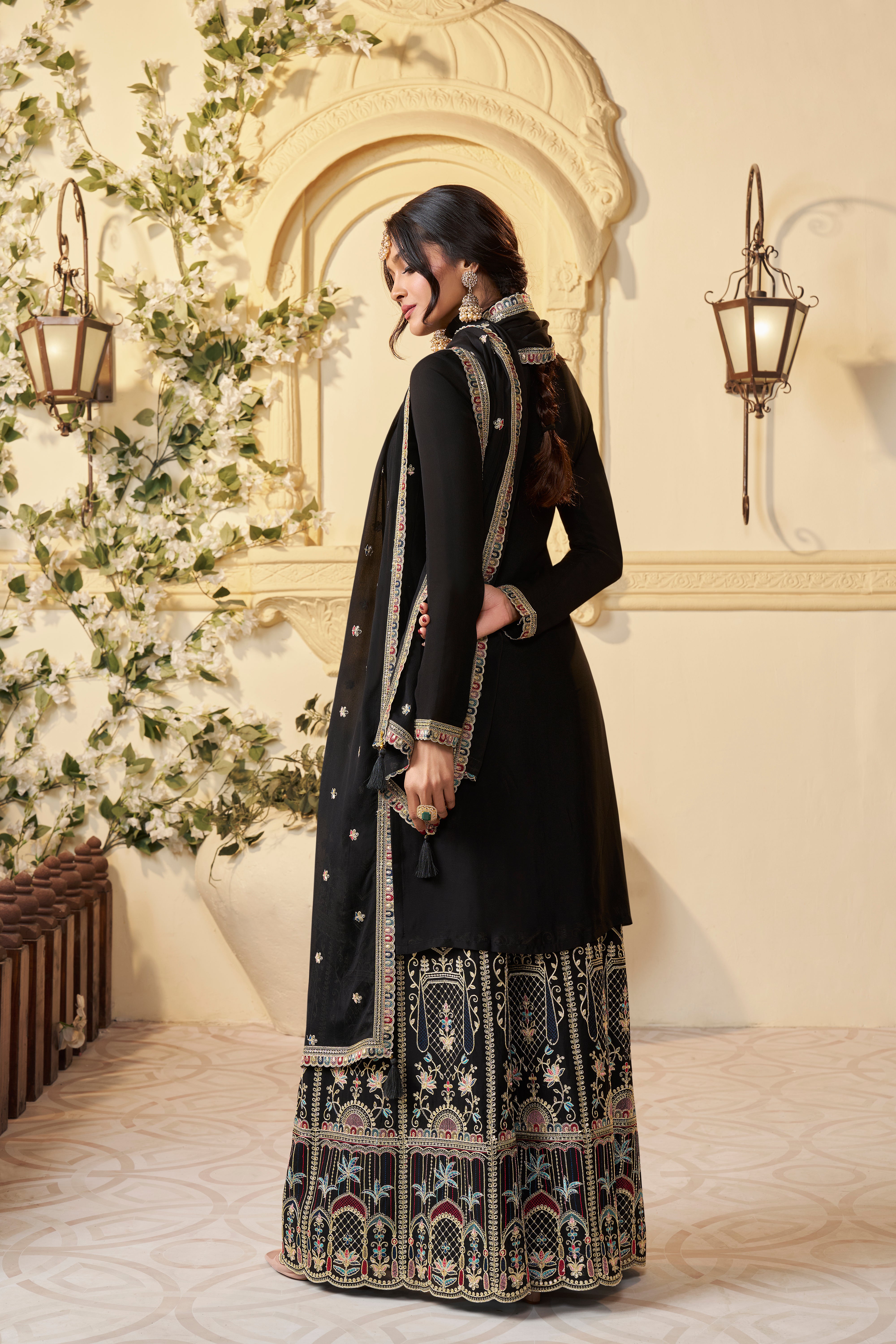 Black Chinon Silk Kurta & Palazzo Set