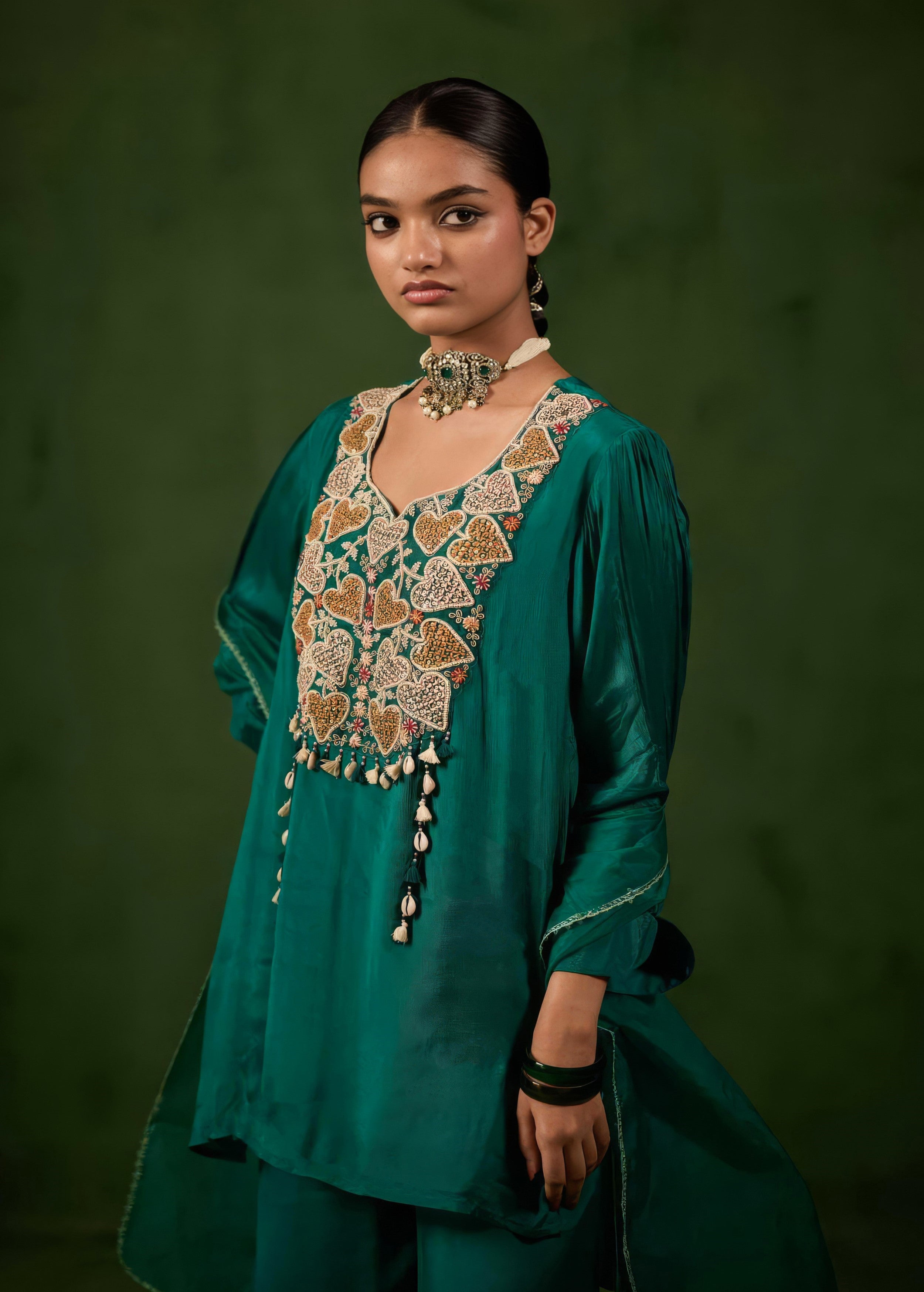 Teal Green Embellished Chinon Silk Palazzo Set