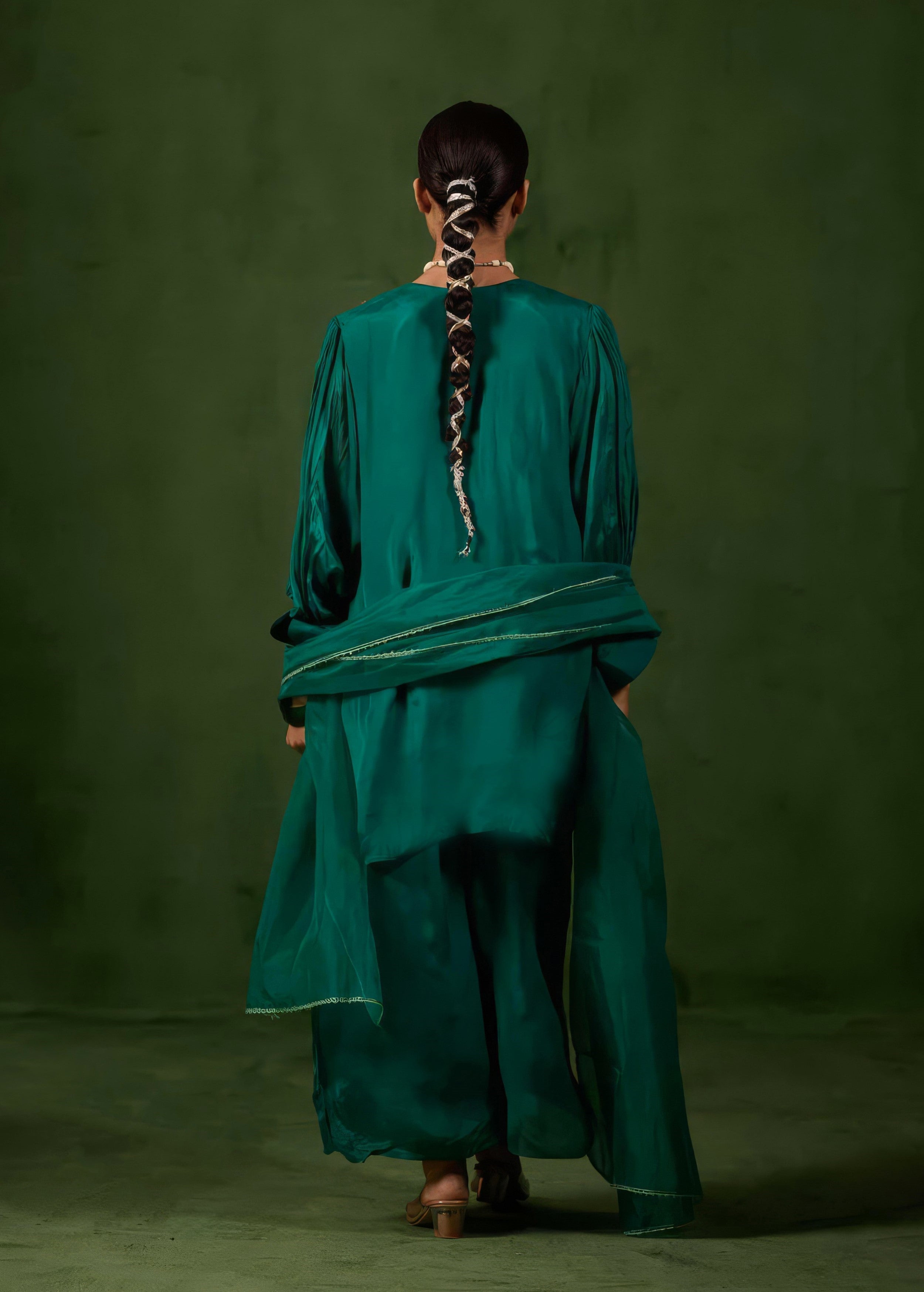 Teal Green Embellished Chinon Silk Palazzo Set
