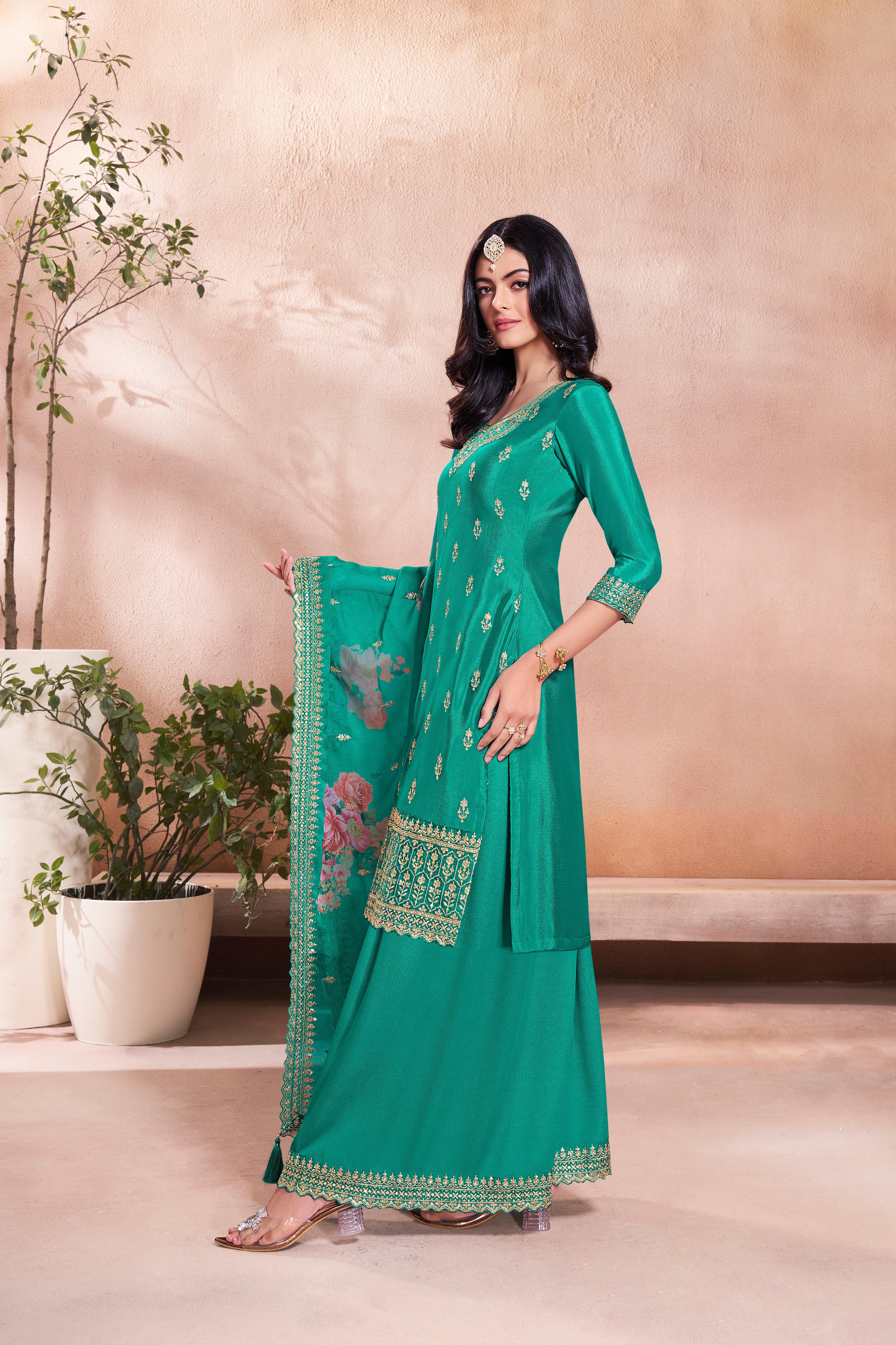 Turquoise Chinon Silk Kurta & Palazzo Set