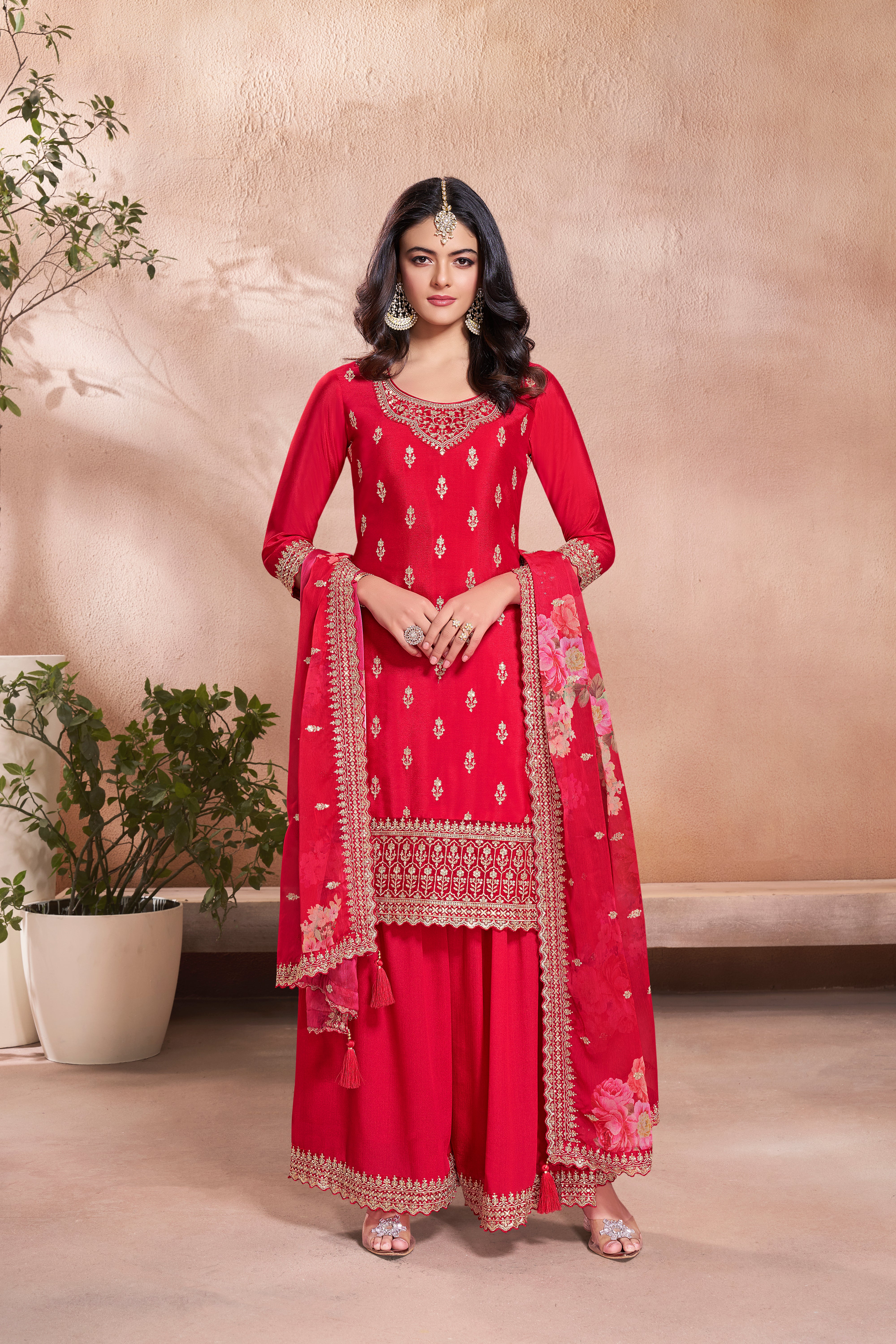 Coral Red Chinon Silk Kurta & Palazzo Set