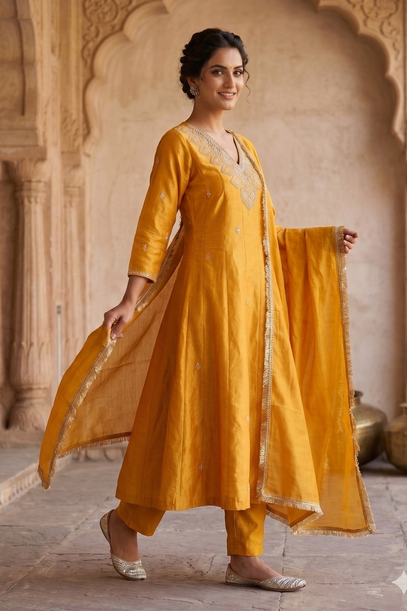 Mustard Yellow Tissue Silk Anarkali Suit Set