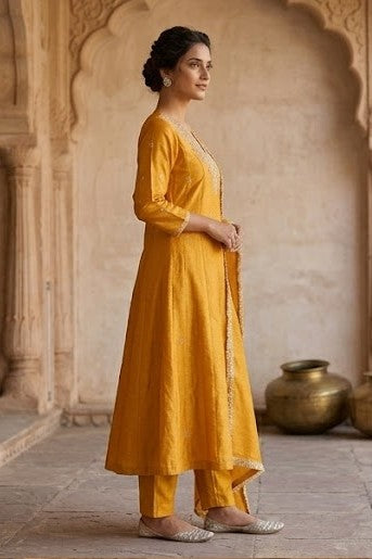 Mustard Yellow Tissue Silk Anarkali Suit Set