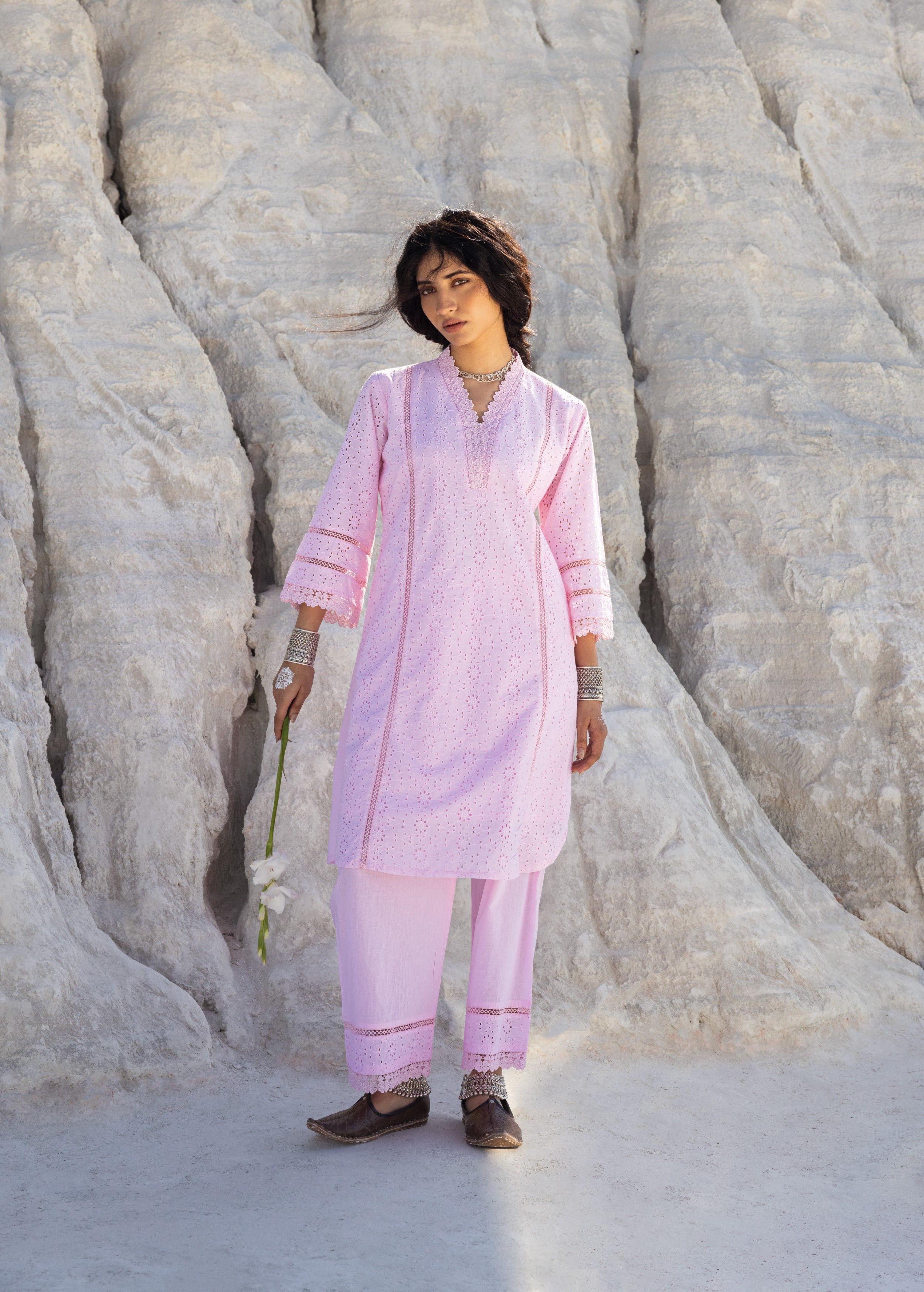 Rose Pink Embroidered Organic Cotton Kurta Set