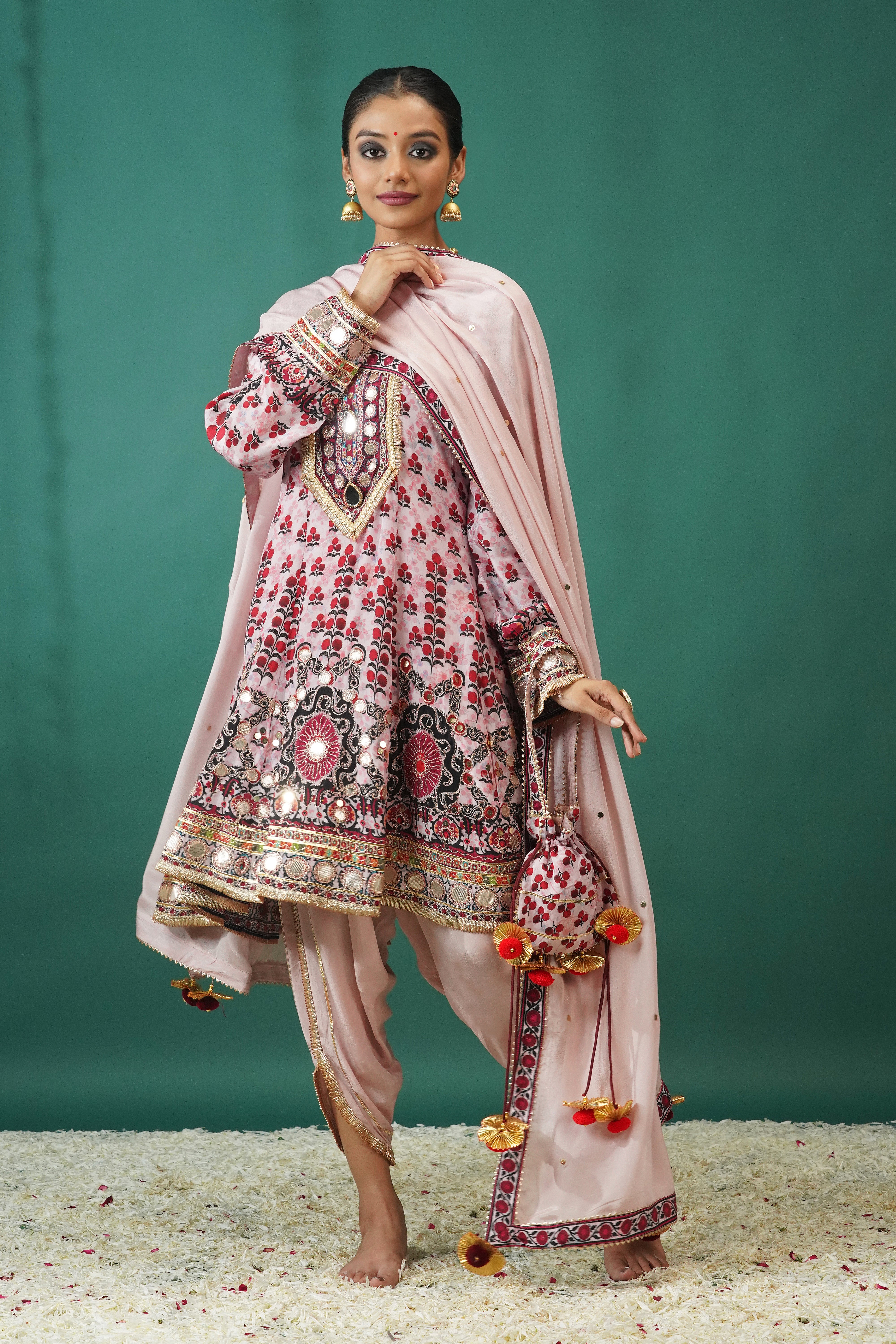 Rose Pink Embellished Crepe Silk Dhoti Set