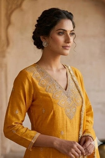 Mustard Yellow Tissue Silk Anarkali Suit Set