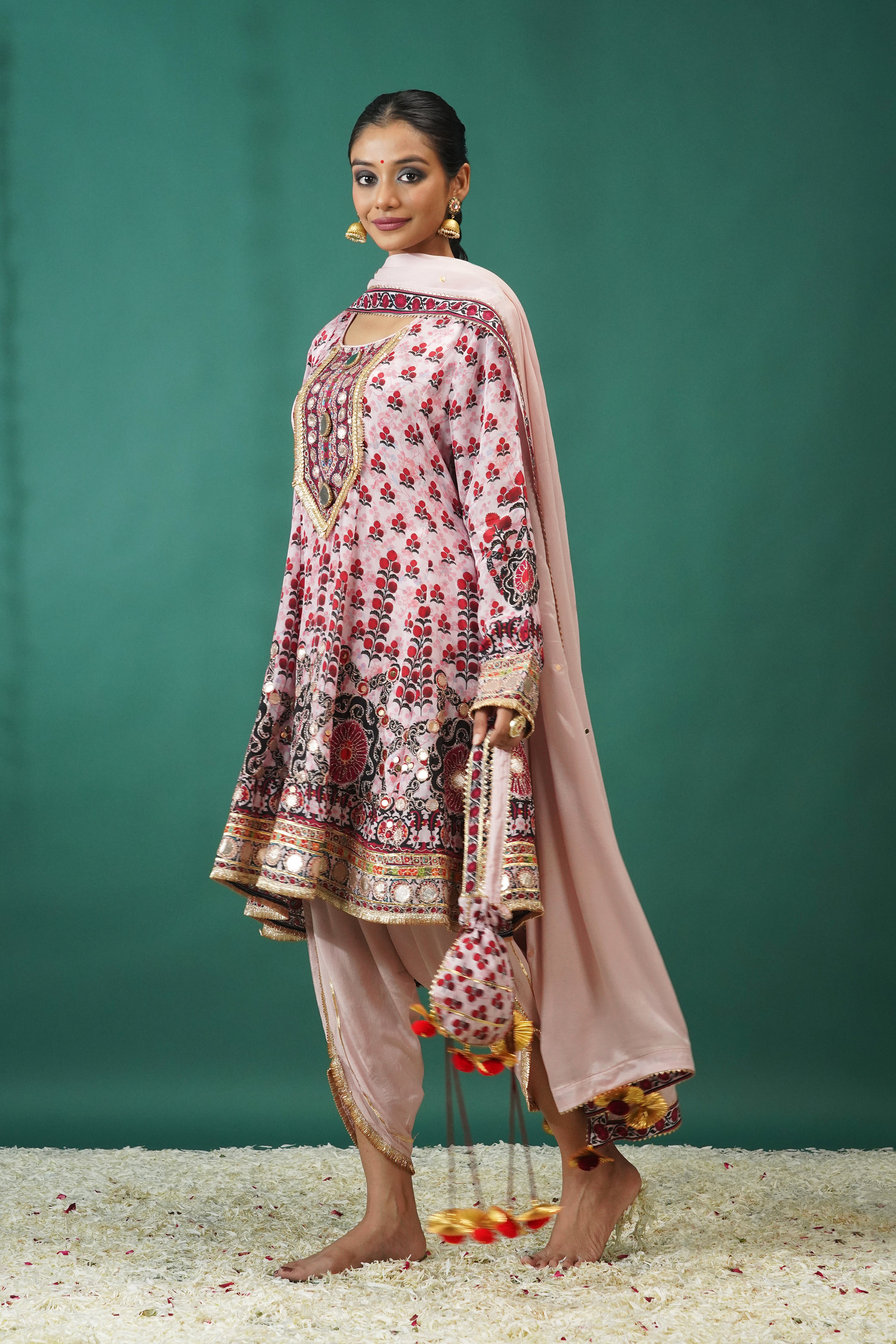 Rose Pink Embellished Crepe Silk Dhoti Set