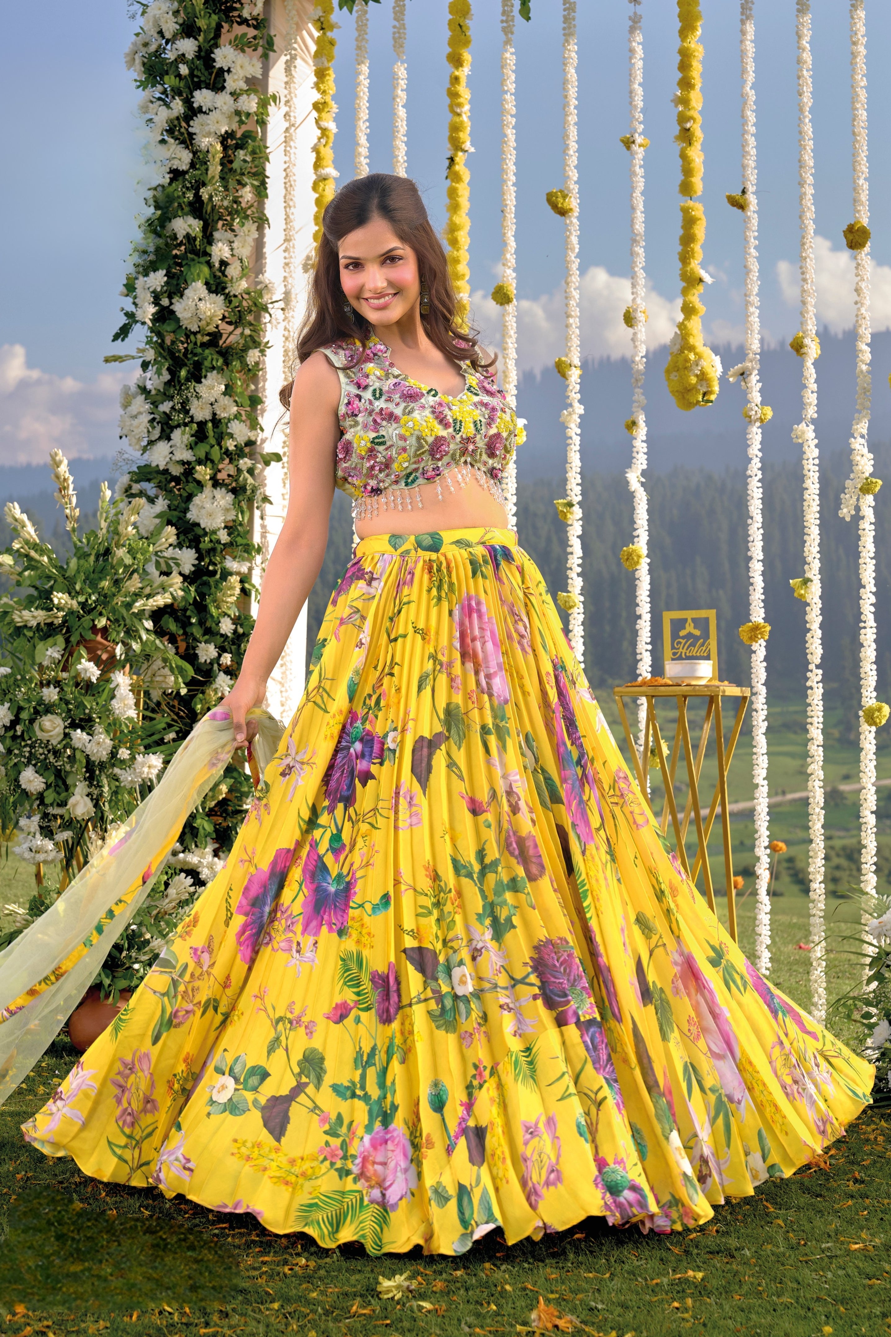 Yellow Floral Printed Satin Silk Lehenga Set - Main Image