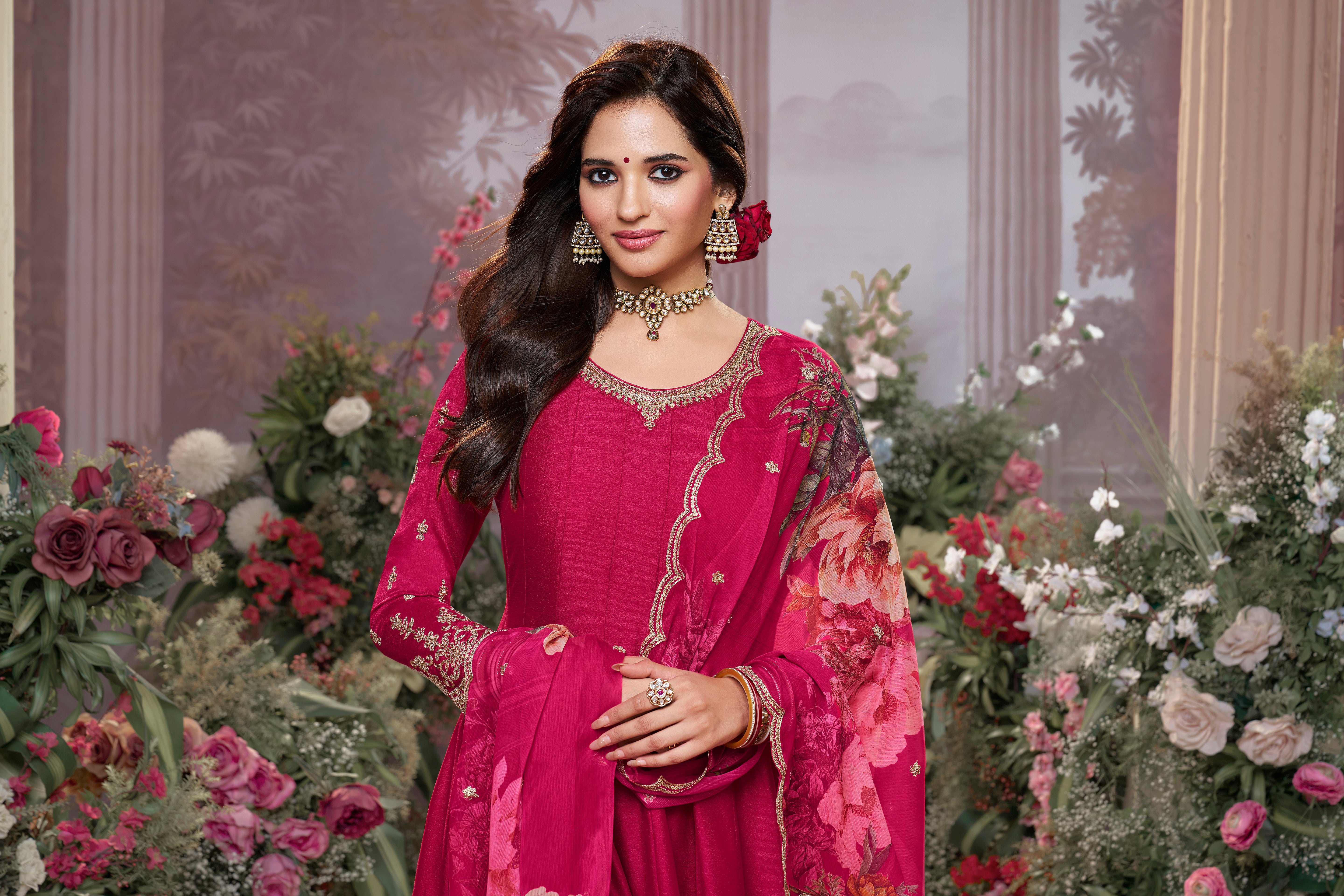 Queen Pink Embellished Raw Silk Anarkali Set