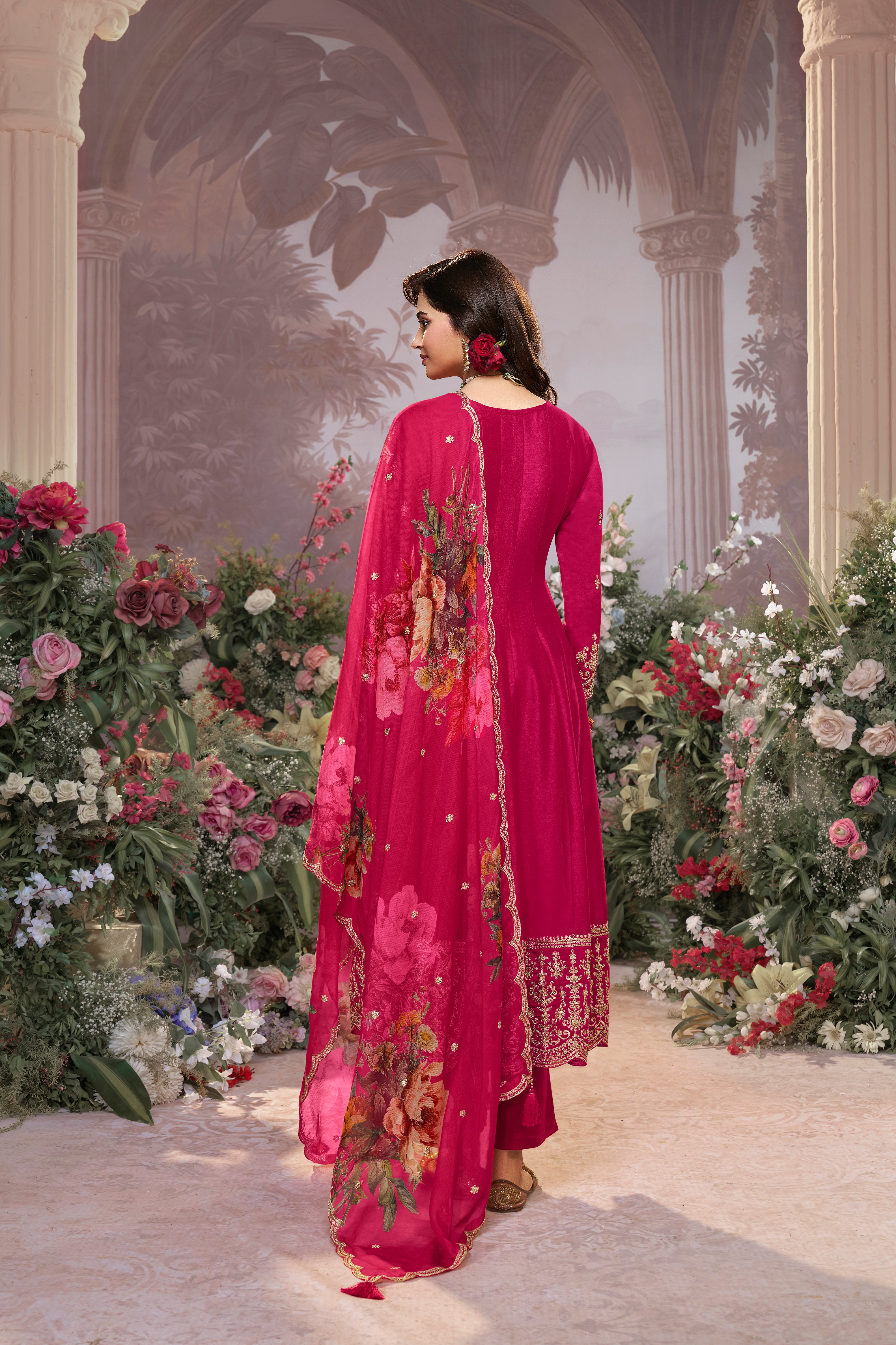 Queen Pink Embellished Raw Silk Anarkali Set